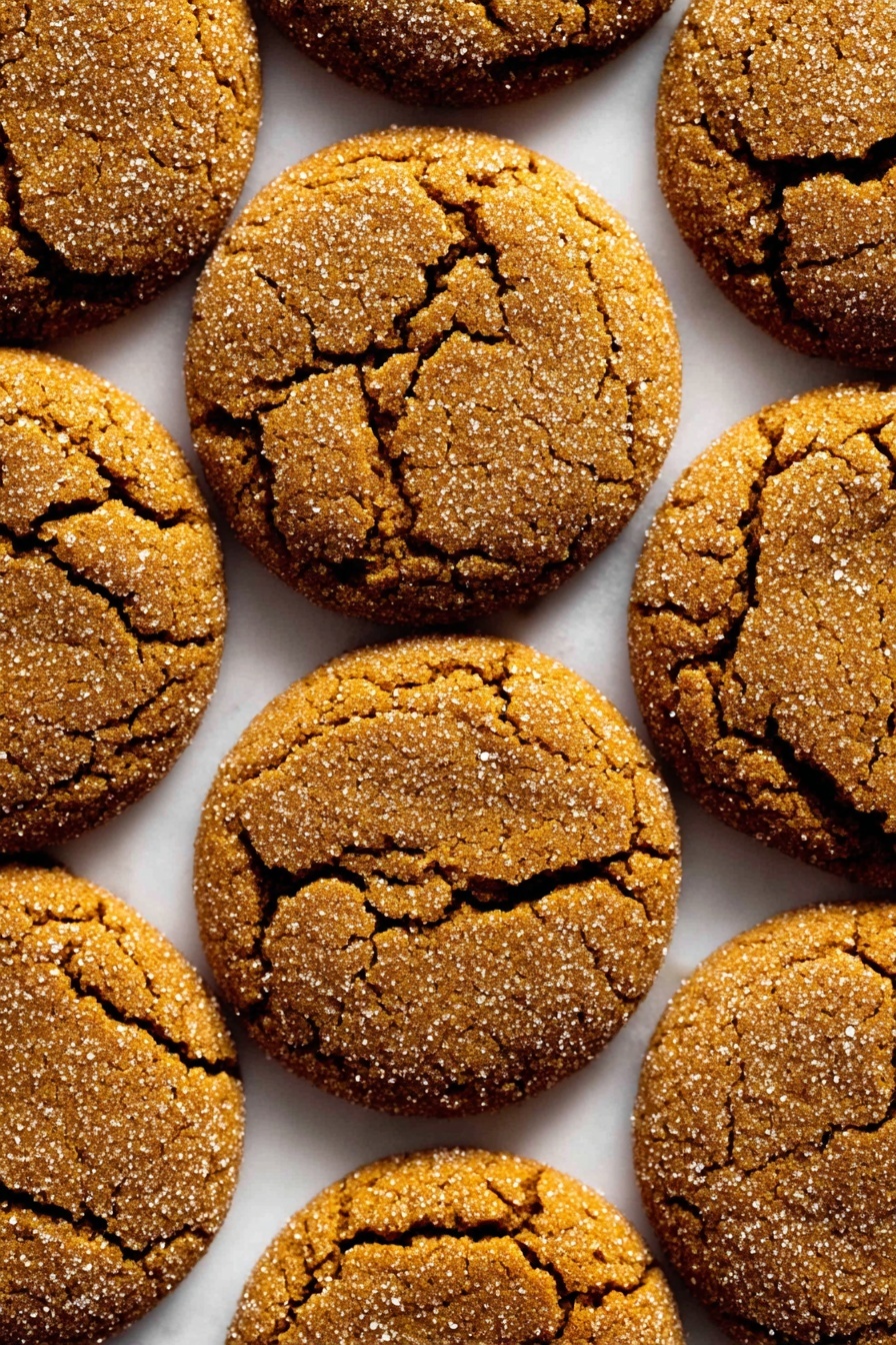 The image shows a close-up view of multiple round ginger cookies arranged tightly together on a white marbled surface. Each cookie has a single layer with a rough, cracked texture and a golden brown color, dusted lightly with granulated sugar that sparkles on top. The edges of the cookies are slightly darker than the centers, and the cracks reveal a soft, slightly darker interior beneath the sugar coating. The cookies fill the frame evenly, showing their uniform size and slightly raised shape. photo taken with an iphone --ar 2:3 --v 7 - Soft Molasses Cookies, molasses cookies recipe, easy molasses cookies, soft cookie recipes, holiday cookie recipes
