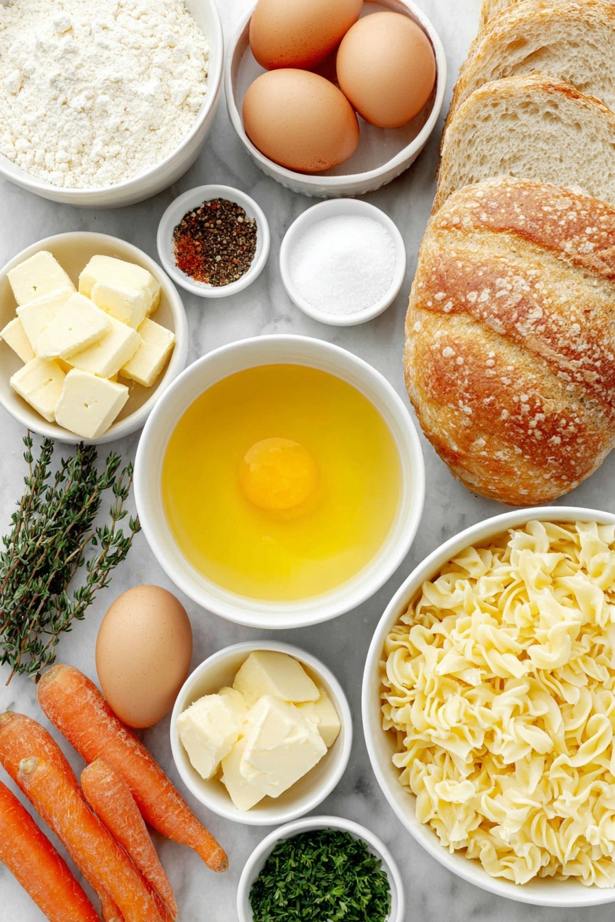 Flat lay of a small white ceramic bowl of extra virgin olive oil, half a yellow onion cut in half, a small white bowl with kosher salt, a small white bowl with black peppercorns, a few tablespoons of salted butter on a white ceramic dish, two cloves of garlic, three fresh orange carrots, a small bundle of fresh thyme sprigs, a small white bowl with ground cayenne pepper, a small white bowl of all purpose flour, a medium white ceramic bowl filled with low sodium chicken broth, a small white ceramic bowl of whole milk, a small white bowl with roughly chopped fresh parsley, two whole uncracked brown eggs, a white dish with three cups of cubed whole grain bread, two cups of uncooked egg noodles, a white plate with cooked shredded chicken pieces, and a small white bowl holding crushed potato chips, all arranged with perfect symmetry and balanced proportions, placed on a clean white marble surface, soft natural light, photo taken with an iPhone, professional food photography style, fresh ingredients, white ceramic bowls, no bottles, no duplicates, no utensils, no packaging --ar 2:3 --v 7 --p m7354615311229779997 - Homemade Chicken Noodle Casserole, comfort food casserole, creamy chicken noodle bake, easy chicken casserole recipes, hearty dinner ideas