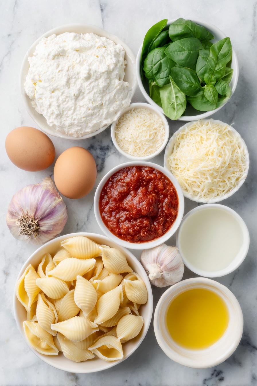Flat lay of fresh baby spinach leaves, a small white bowl of creamy ricotta cheese, a whole brown egg, a small white bowl of finely shredded parmesan cheese, a small white bowl of shredded mozzarella cheese, two whole eschallots with purple skins, four fresh garlic cloves, a fresh green bay leaf, a small white bowl of bright red tomato paste, a small white bowl of smooth tomato passata, a small white bowl of golden olive oil, a small white bowl of dry white wine, a small white bowl of clear vegetable broth, a few sprigs of fresh basil, a cluster of uncooked jumbo conchiglioni pasta shells arranged symmetrically, all placed on a clean white marble surface, soft natural light, photo taken with an iPhone, professional food photography style, fresh ingredients, white ceramic bowls, no bottles, no duplicates, no utensils, no packaging --ar 2:3 --v 7 --p m7354615311229779997 - Spinach Ricotta Stuffed Shells, spinach stuffed shells, ricotta stuffed shells, baked stuffed shells with spinach, cheesy pasta shells with spinach