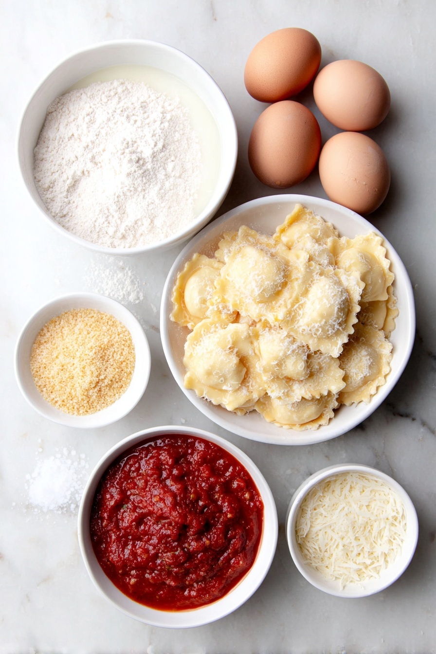 Flat lay of fresh beef ravioli arranged neatly, two whole brown eggs with clean shells, a small white bowl of pale milk, a small white bowl filled with golden Italian seasoned breadcrumbs, a small white bowl with finely grated Parmesan cheese, a small white bowl of vibrant red marinara sauce, and coarse sea salt crystals scattered delicately on the white marble surface, perfect symmetry, soft natural light, photo taken with an iPhone, professional food photography style, fresh ingredients, white ceramic bowls, no bottles, no duplicates, no utensils, no packaging --ar 2:3 --v 7 --p m7354615311229779997 - Crispy Toasted Ravioli with Marinara, toasted ravioli appetizer, crispy ravioli snacks, cheesy ravioli dip, easy ravioli appetizer ideas