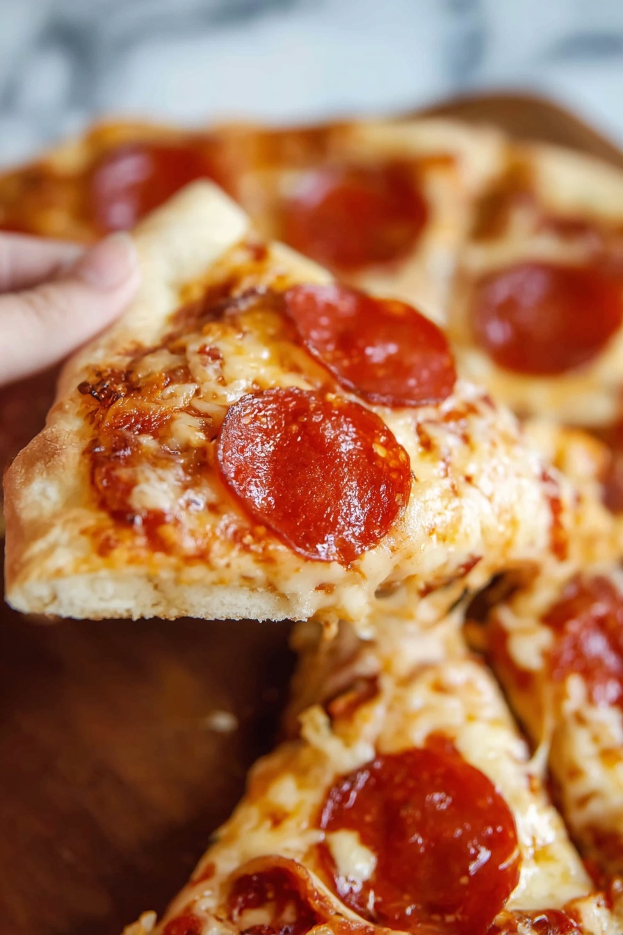 A thin slice of pepperoni pizza is being lifted by a woman's hand, showing three slices of reddish pepperoni on top of melted, light golden cheese. The pizza crust is light brown and slightly fluffy, with a few crispy, darker spots around the edges. The background shows the rest of the pizza, slightly blurred, with more pepperoni slices and melted cheese on top, all on a wooden surface replaced by a white marbled texture. photo taken with an iphone --ar 2:3 --v 7 - Homemade Pepperoni Pizza, Easy Pepperoni Pizza Recipe, How to Make Pepperoni Pizza, Simple Homemade Pizza, Best Pepperoni Pizza