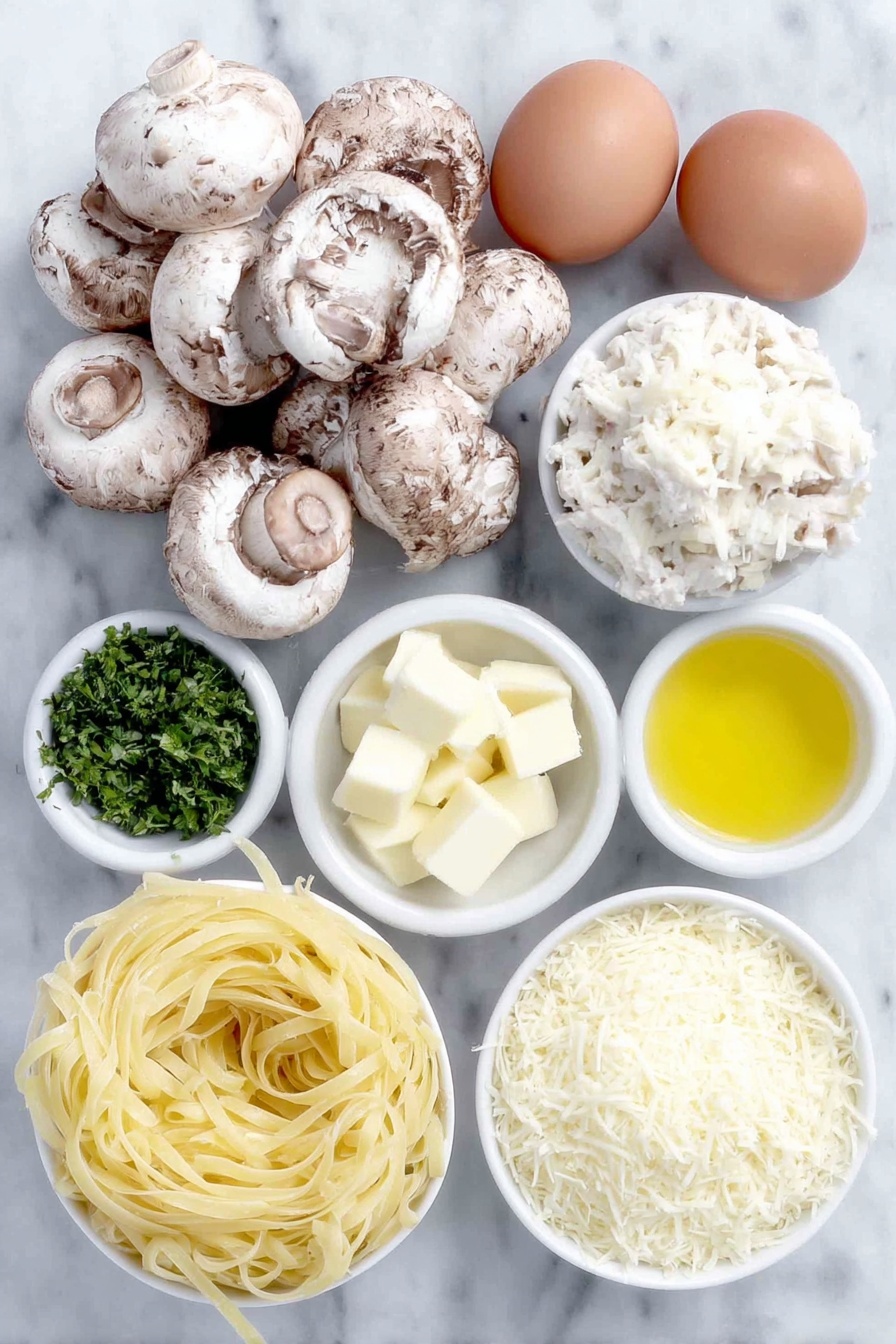 Flat lay of thickly sliced fresh button mushrooms, finely chopped medium onion, four whole garlic cloves with clean skins, two brown eggs with uncracked shells, fresh chopped parsley sprigs, a cluster of shredded rotisserie chicken pieces, a small mound of shredded mozzarella cheese, a nest of uncooked linguine pasta, a small white ceramic bowl filled with golden olive oil, a small white ceramic bowl holding unsalted butter chunks, a small white ceramic bowl containing smooth all-purpose flour, a small white ceramic bowl of light yellow lemon juice, and a small white ceramic bowl with creamy half and half placed on a clean white marble surface, soft natural light, photo taken with an iPhone, professional food photography style, fresh ingredients, white ceramic bowls, no bottles, no duplicates, no utensils, no packaging --ar 2:3 --v 7 --p m7354615311229779997 - Creamy Chicken Tetrazzini Bake, Chicken Tetrazzini casserole, cheesy pasta bake, cozy chicken pasta dish, easy creamy chicken bake