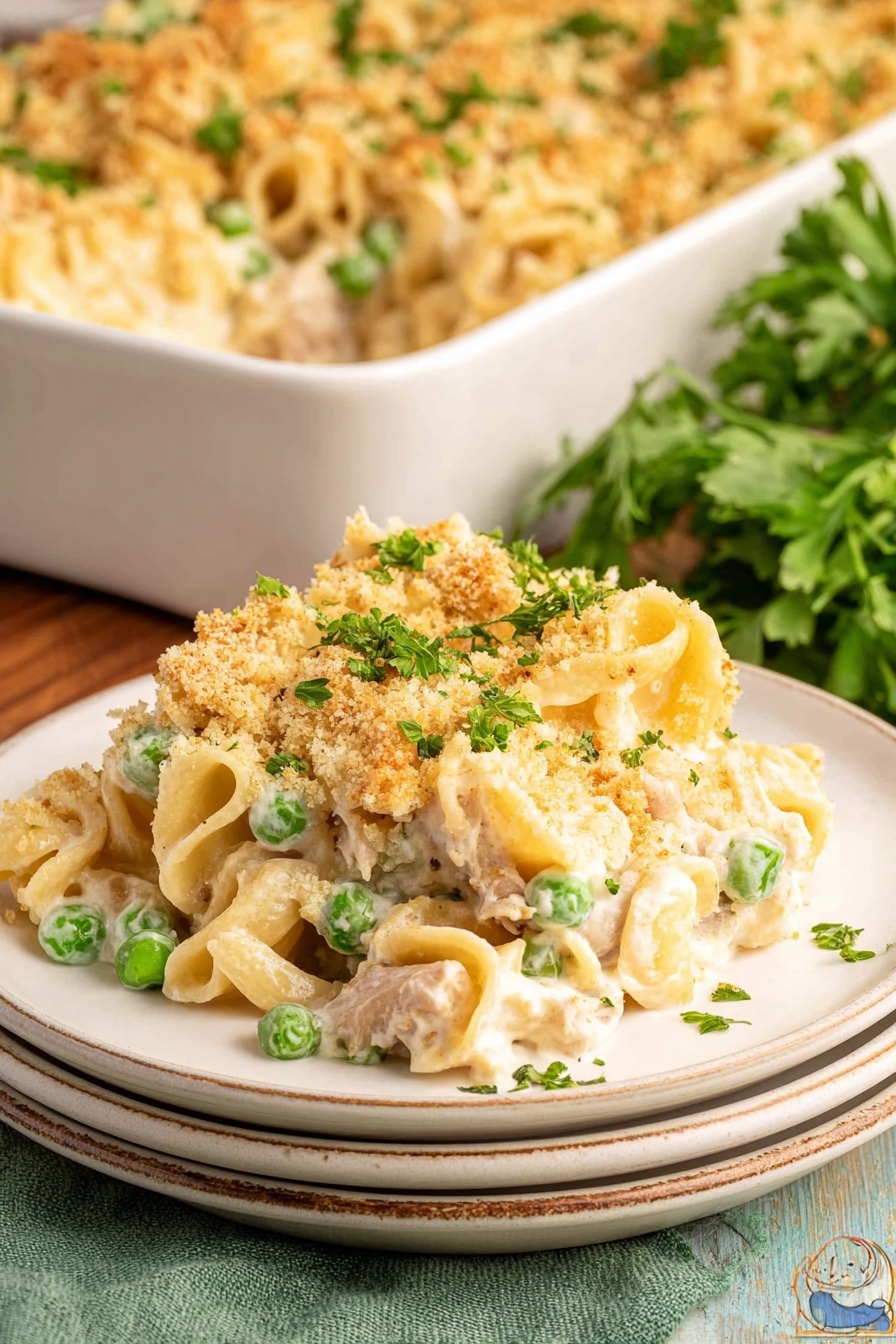 A white rectangular baking dish filled with a baked noodle casserole that has three visible layers: a creamy, light beige sauce mixed with small pieces of pale chicken and green peas forming the bottom and middle layers, topped with a golden brown, crispy breadcrumb crust that is evenly spread and lightly browned. The casserole rests on a white marbled surface with scattered dishes around, including a white bowl with some yellow sauce remnants, a small round bowl with green peas, and a white bowl containing a wooden spoon. Photo taken with an iphone --ar 2:3 --v 7 - Tuna Noodle Casserole, comforting family dinner, easy casserole recipe, creamy tuna pasta bake, quick weeknight meal