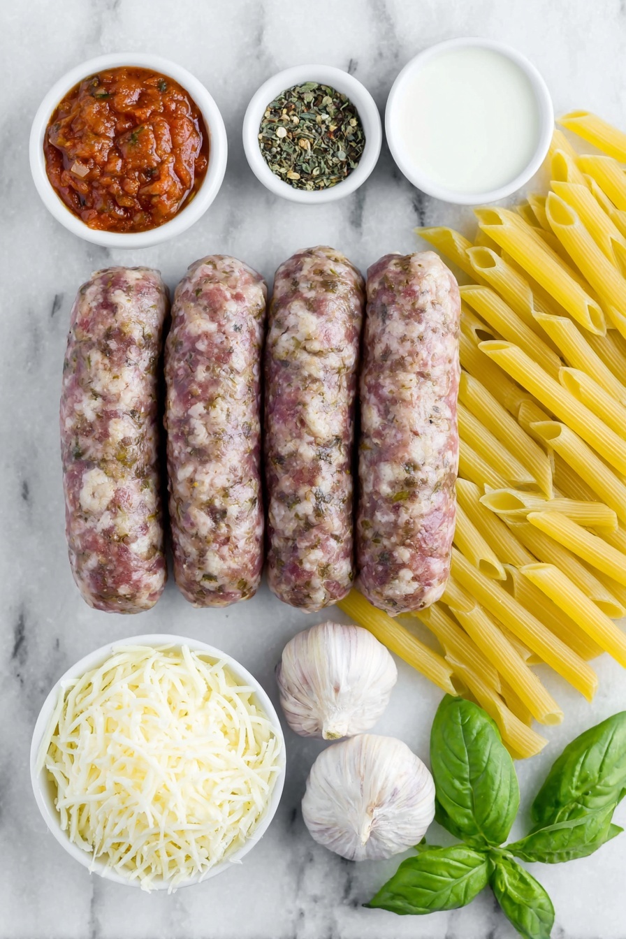 Flat lay of fresh uncooked ziti pasta arranged neatly, raw Italian sausage links with natural marbling, four whole uncracked brown garlic bulbs, a small white ceramic bowl filled with rich crushed tomatoes, a small white bowl of heavy cream, a small white bowl with grated pecorino Romano cheese, a small white bowl holding shredded fresh mozzarella cheese, fresh green basil leaves loosely scattered, a small white bowl containing coarse salt, a small white bowl with granulated sugar, and a small white bowl of red pepper flakes, all placed on a clean white marble surface, soft natural light, photo taken with an iPhone, professional food photography style, fresh ingredients, white ceramic bowls, no bottles, no duplicates, no utensils, no packaging --ar 2:3 --v 7 --p m7354615311229779997 - Cheesy Baked Ziti with Sausage, baked ziti with sausage, hearty baked pasta, cheesy casserole with sausage, crowd-pleasing Italian pasta