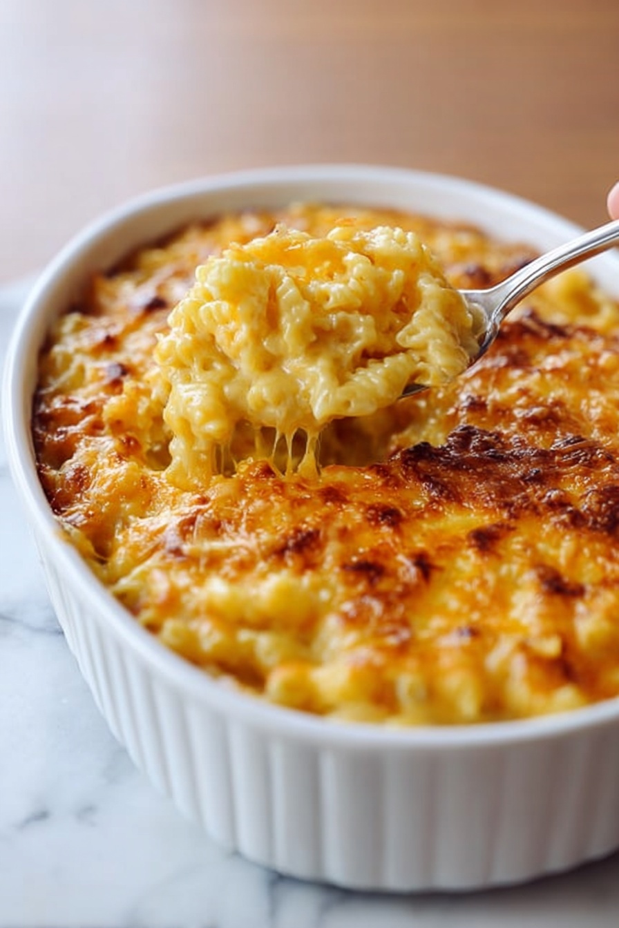 The image shows a white oval baking dish filled with a browned macaroni and cheese casserole. The top layer is golden and slightly crispy with melted cheese covering textured, soft pasta underneath. A woman's hand is holding a serving spoon scooping out a portion, revealing a creamy, cheesy inside with ribbed pasta noodles tightly packed. The dish sits on a white marbled surface with warm natural light highlighting the creamy and crispy details. Photo taken with an iphone --ar 2:3 --v 7 - Creamy Baked Mac and Cheese, baked mac and cheese recipe, cheesy baked macaroni, comfort food recipes, easy baked mac and cheese