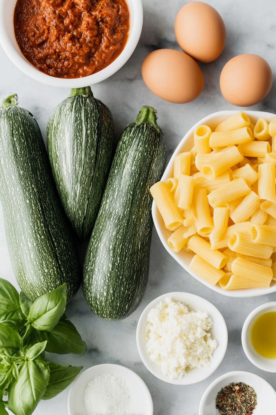 Flat lay of two medium eggplants striped with peeled sections revealing creamy flesh, a small mound of rigatoni pasta, a handful of fresh bright green basil leaves loosely arranged, two whole uncracked brown eggs, a small white ceramic bowl with smooth marinara sauce, a small white ceramic bowl filled with golden extra-virgin olive oil, a small white ceramic bowl containing finely grated pale ricotta salata and Parmesan cheese, a small white ceramic bowl with vibrant red pepper flakes, and a small white ceramic bowl of dried oregano flakes, all ingredients fresh and natural, perfectly balanced in a symmetrical layout, placed on a clean white marble surface, soft natural light, photo taken with an iPhone, professional food photography style, fresh ingredients, white ceramic bowls, no bottles, no duplicates, no utensils, no packaging --ar 2:3 --v 7 --p m7354615311229779997 - Roasted Eggplant Pasta with Marinara, roasted eggplant pasta, easy eggplant pasta recipe, hearty vegetarian pasta, homemade marinara sauce