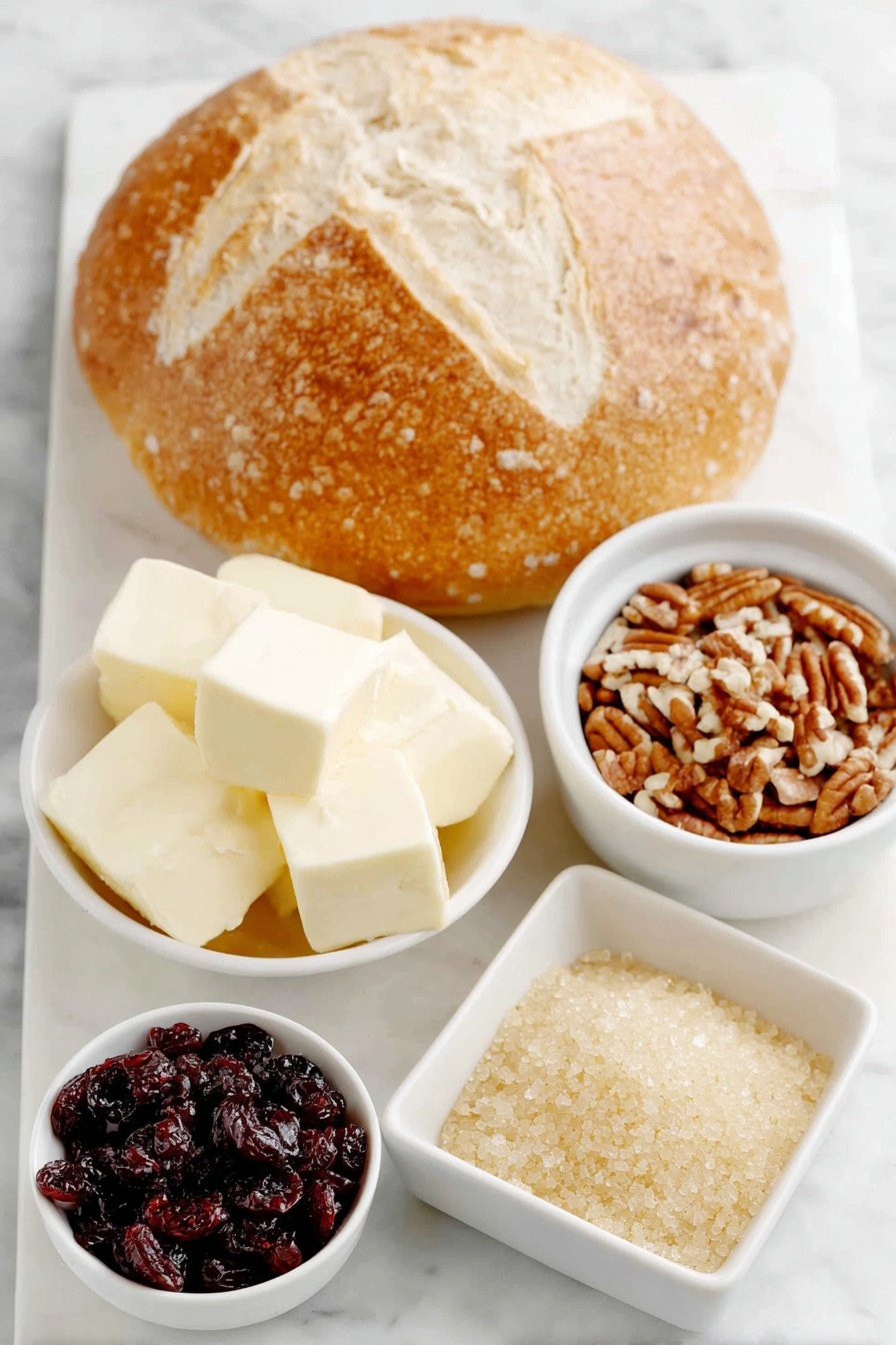 Flat lay of a whole round loaf of sourdough bread with a golden crust, a small white ceramic bowl of cubed creamy brie cheese, a small white bowl filled with glossy dried cranberries, a small white bowl containing coarsely chopped raw pecans, a few tablespoons of smooth butter shaped into neat pats, and a small white bowl holding golden brown sugar crystals, all arranged in perfect symmetry and balanced proportions, placed on a clean white marble surface, soft natural light, photo taken with an iPhone, professional food photography style, fresh ingredients, white ceramic bowls, no bottles, no duplicates, no utensils, no packaging --ar 2:3 --v 7 --p m7354615311229779997 - Cranberry Brie Pull Apart Bread, holiday appetizer, cheesy pull apart bread, cranberry brie dip, thanksgiving party food