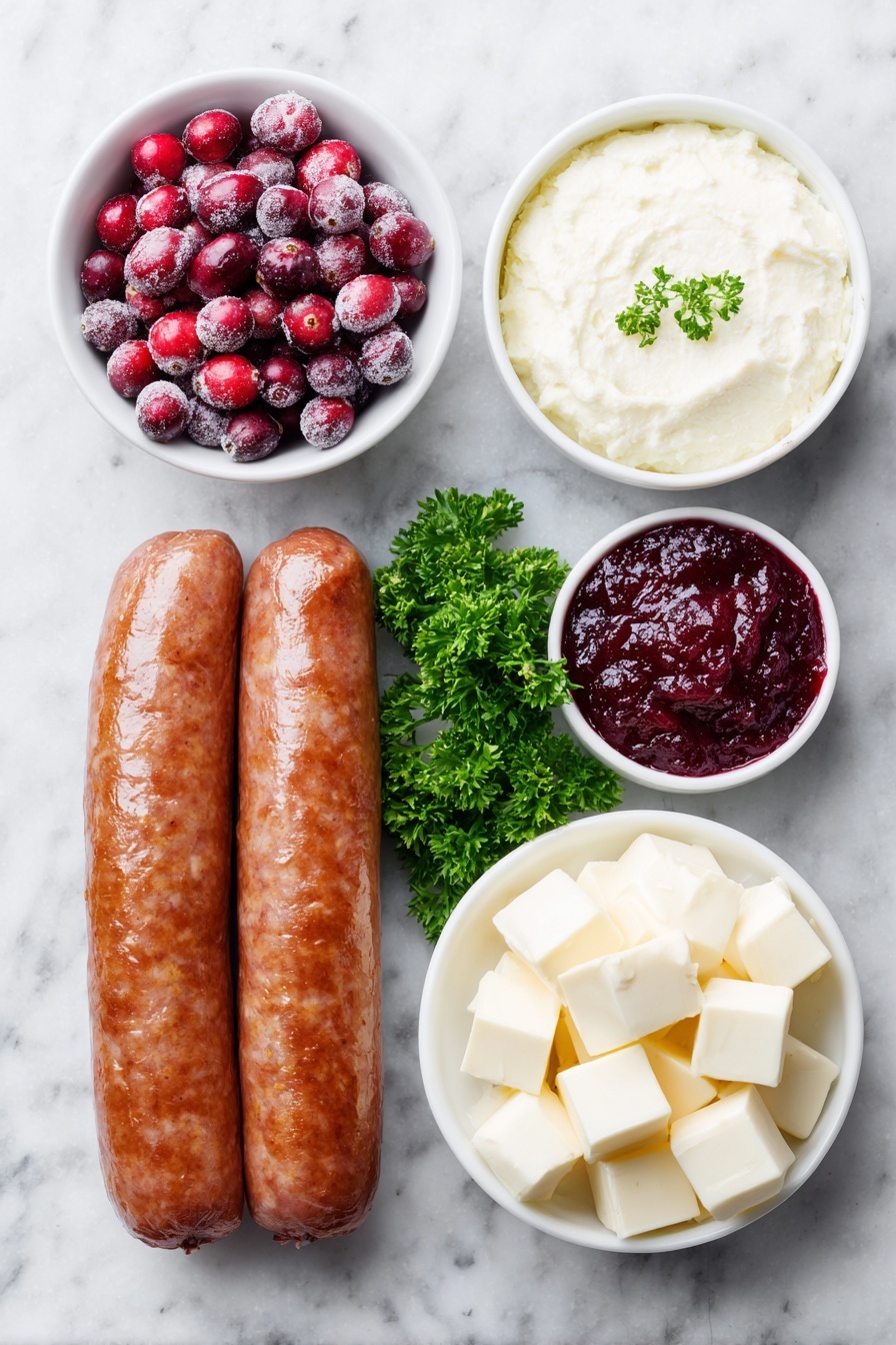 Flat lay of a sliced smoked sausage link with a glossy, browned exterior, a block of creamy white cheddar cheese cut into small cubes neatly arranged, a small white ceramic bowl filled with whole fresh cranberries, another small white bowl containing a smooth red cranberry sauce, and a few sprigs of vibrant green parsley placed delicately, all arranged with perfect symmetry on a clean white marble surface, soft natural light, photo taken with an iPhone, professional food photography style, fresh ingredients, white ceramic bowls, no bottles, no duplicates, no utensils, no packaging --ar 2:3 --v 7 --p m7354615311229779997 - Smoked Sausage Cranberry Bites, party appetizer with smoked sausage and cranberries, easy holiday appetizer recipes, bite-sized appetizer ideas, quick festive snacks