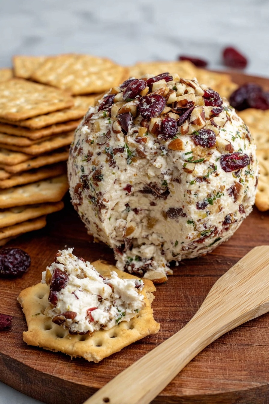 A round cheese ball covered with chopped nuts and dried cranberries sits on a wooden board. It has a creamy white inside mixed with bits of nuts and dried fruits visible both on the ball and on a cracker placed in front. The crackers are light brown with small holes and a slightly rough texture, stacked in sets nearby. A wooden spreader with a smooth texture lies next to the crackers. The whole scene is set on a white marbled surface. photo taken with an iphone --ar 2:3 --v 7 - Cranberry Pecan Cheese Ball, Cheese Ball Holiday Appetizer, Cranberry Pecan Cheese Ball Recipe, Easy Cheese Ball for Parties, Festive Cheese Ball Ideas