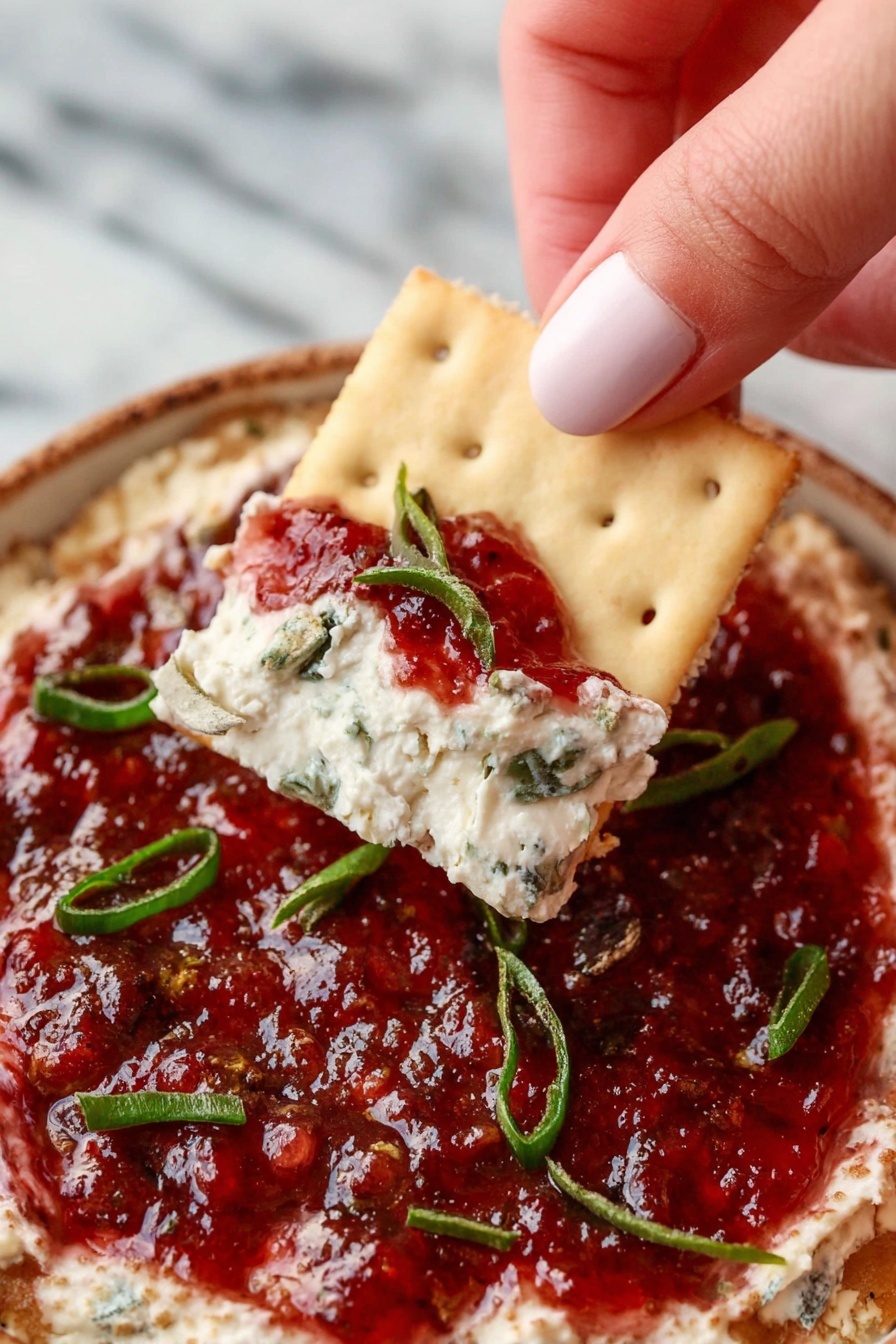 A close-up of a woman's hand holding a square beige cracker dipped with two visible layers of dip; the bottom layer is creamy white with small green herb pieces and a thick red chunky sauce on top garnished with scattered thin green slices, all inside a round white bowl with a rustic texture on a white marbled surface. photo taken with an iphone --ar 2:3 --v 7 - Cranberry Jalapeno Dip, Cranberry Jalapeno Dip recipe, spicy cranberry dip, holiday dip ideas, quick appetizer recipes