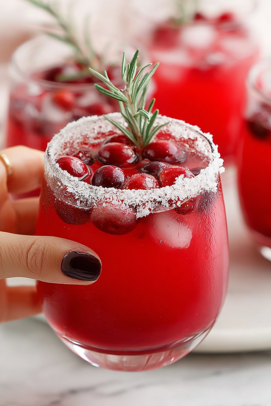 A close-up of a clear glass filled with bright red drink, showing about three layers: the bottom layer is a rich red liquid, the middle layer features floating whole red cranberries and crushed ice, and the top layer has a frosted sugar rim on the glass edge along with a small green sprig of rosemary dusted with sugar standing up in the drink. A woman’s hand with dark red nail polish is holding the glass from the left side. The background shows more glasses filled with the same drink, all placed on a white marbled surface. photo taken with an iphone --ar 2:3 --v 7 - Cranberry Mistletoe Margarita, festive holiday cocktail, cranberry orange tequila drink, Christmas cocktail recipes, easy holiday margarita