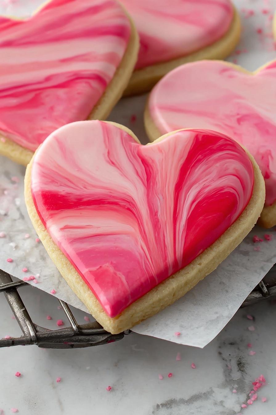 The image shows heart-shaped cookies with two layers: a bottom beige cookie layer that looks soft and thick, topped with a smooth, glossy icing layer that has red and pink swirled colors creating a marble effect. The cookies rest on white parchment paper on a dark metal rack, all set on a white marbled surface. The overall look is sweet and colorful, with the swirl pattern giving each cookie a unique design photo taken with an iphone --ar 2:3 --v 7 - Marbled Sugar Cookies with Royal Icing, marble sugar cookies, royal icing decorated cookies, elegant sugar cookies, easy cookie decorating ideas