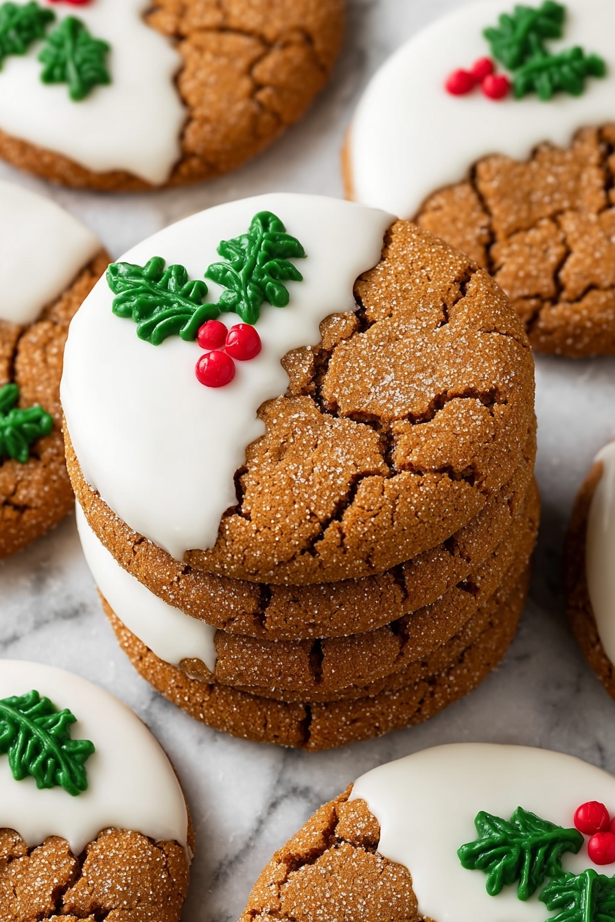The image shows a pile of round ginger cookies with a cracked texture. Each cookie is half-covered with smooth white icing on the top side. On the white frosting, there are small green icing shapes that look like holly leaves and three small red icing dots that represent berries. The cookies are stacked closely together on a surface with a white marbled texture that appears under them. photo taken with an iphone --ar 2:3 --v 7 - White Chocolate Ginger Cookies, ginger cookies with white chocolate, spicy ginger cookies, easy holiday cookie recipes, buttery ginger cookies