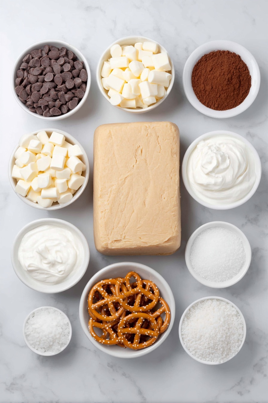 Flat lay of a small bowl of smooth semi-sweet chocolate chips, a small bowl of creamy white chocolate chips, a small bowl of fine hot cocoa powder, a small bowl of thick heavy whipping cream, a handful of fresh golden mini pretzels, a small mound of white mini marshmallow bits, a block of natural pale beige sugar cookie dough unwrapped and intact, all arranged symmetrically on simple white ceramic bowls and plates, placed on a clean white marble surface, soft natural light, photo taken with an iPhone, professional food photography style, fresh ingredients, white ceramic bowls, no bottles, no duplicates, no utensils, no packaging --ar 2:3 --v 7 --p m7354615311229779997 - Hot Chocolate Cookie Cups, Hot Chocolate Cookie Cups Recipe, chocolate holiday treats, edible hot chocolate ideas, easy cookie dessert