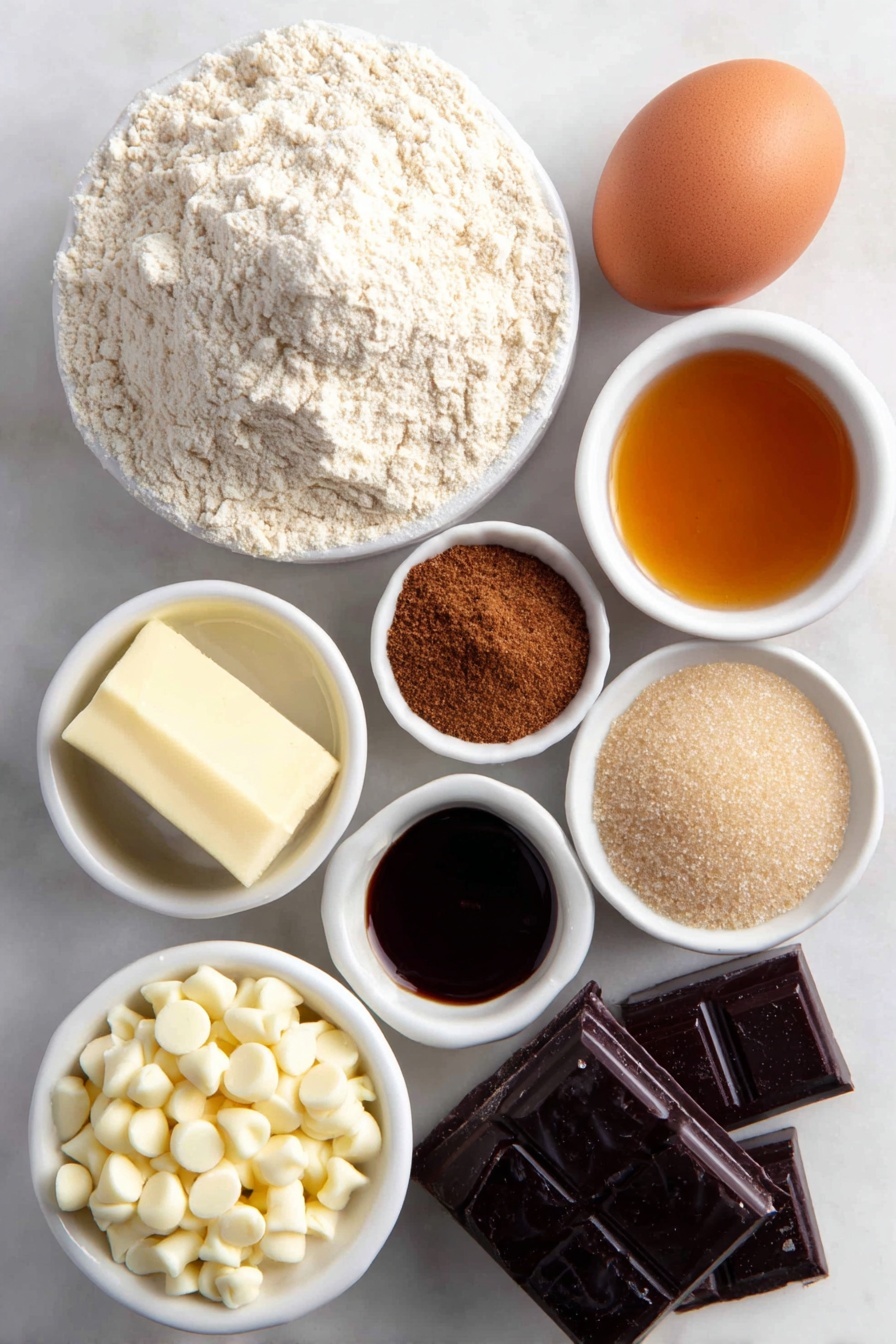Flat lay of a small mound of all-purpose flour, a small heap of ground ginger, tiny piles of ground cinnamon, ground cloves, and ground nutmeg arranged symmetrically, a small pile of granulated sugar, a small pile of light brown sugar, a whole large brown egg with a clean shell, a small white ceramic bowl with golden molasses, a small white ceramic bowl with melted unsalted butter, a small white ceramic bowl with white chocolate chips, and a small white ceramic bowl with shortening, each ingredient fresh and natural, perfectly balanced and symmetrical, placed on a clean white marble surface, soft natural light, photo taken with an iPhone, professional food photography style, fresh ingredients, white ceramic bowls, no bottles, no duplicates, no utensils, no packaging --ar 2:3 --v 7 --p m7354615311229779997 - White Chocolate Ginger Cookies, ginger cookies with white chocolate, spicy ginger cookies, easy holiday cookie recipes, buttery ginger cookies