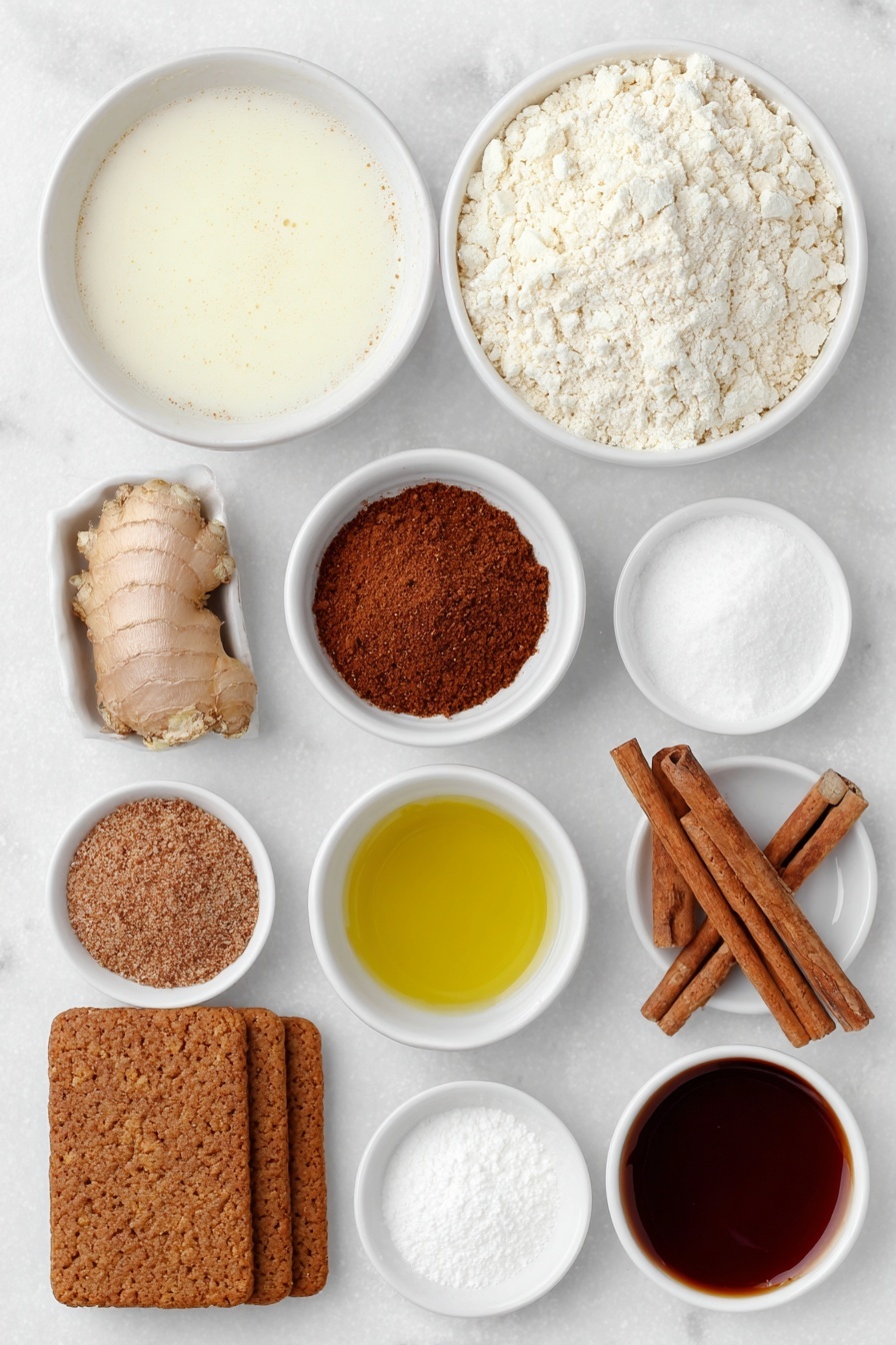 Flat lay of a small white bowl filled with creamy dairy-free soy milk, a small white bowl containing golden apple cider vinegar, a mound of pale self-raising flour on a white ceramic dish, a heap of fine white caster sugar in a simple white bowl, a neat pile of warm brown ground ginger, a small cluster of cinnamon sticks next to ground cinnamon powder in a white bowl, a white bowl with reddish-brown ground nutmeg, a small white bowl containing mixed aromatic spice powder, a small white bowl of white baking powder, a small white bowl with fine bicarbonate of soda, a small white bowl filled with vibrant yellow sunflower oil, a tiny white bowl holding thick blackstrap molasses, a block of pale creamy dairy-free butter on a white ceramic dish, a white bowl heaped with pure white icing sugar, a small white bowl of melted amber-colored Biscoff cookie butter, a few crisp gingerbread biscuits arranged neatly, a small white bowl of rich brown cocoa powder, all ingredients arranged in perfect symmetry on a clean white marble surface, soft natural light, photo taken with an iPhone, professional food photography style, fresh ingredients, white ceramic bowls, no bottles, no duplicates, no utensils, no packaging --ar 2:3 --v 7 --p m7354615311229779997 - Vegan Gingerbread Cake with Spiced Buttercream, vegan gingerbread cake, spiced vegan cake, holiday vegan desserts, festive gingerbread cake