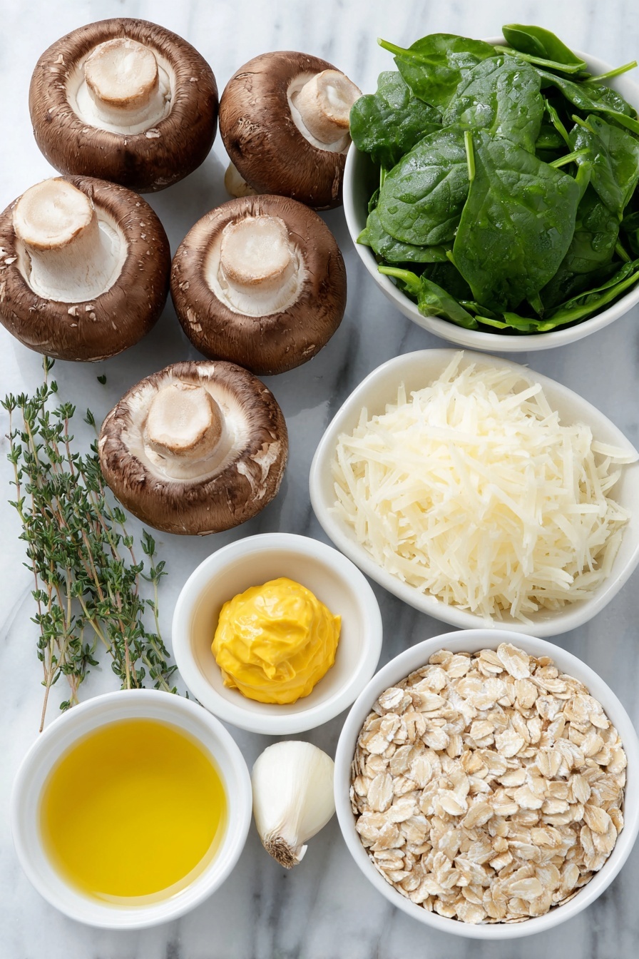 Flat lay of fresh whole brown mushrooms, a small mound of cooked white rice, a small white ceramic bowl with golden olive oil, a peeled large yellow onion roughly chopped, four uncracked clean brown garlic cloves, a small pile of fresh bright green baby spinach leaves, a small white ceramic bowl of smooth yellow mustard, a few twigs of fresh green thyme, a small heap of chopped walnuts, a small white ceramic bowl with finely grated vegan parmesan cheese, a small white ceramic bowl filled with light beige fine oats, a white ceramic plate holding a single sheet of smooth vegan puff pastry, and a small white ceramic bowl containing creamy pale plant-based soy milk mixed with a pinch of turmeric powder, all arranged in perfect symmetry and realistic proportions, placed on a clean white marble surface, soft natural light, photo taken with an iPhone, professional food photography style, fresh ingredients, white ceramic bowls, no bottles, no duplicates, no utensils, no packaging --ar 2:3 --v 7 --p m7354615311229779997 - Vegan Mushroom Wellington, vegan mushroom Wellington recipe, plant-based Mushroom Wellington, how to make vegan Mushroom Wellington, vegan savory Wellington