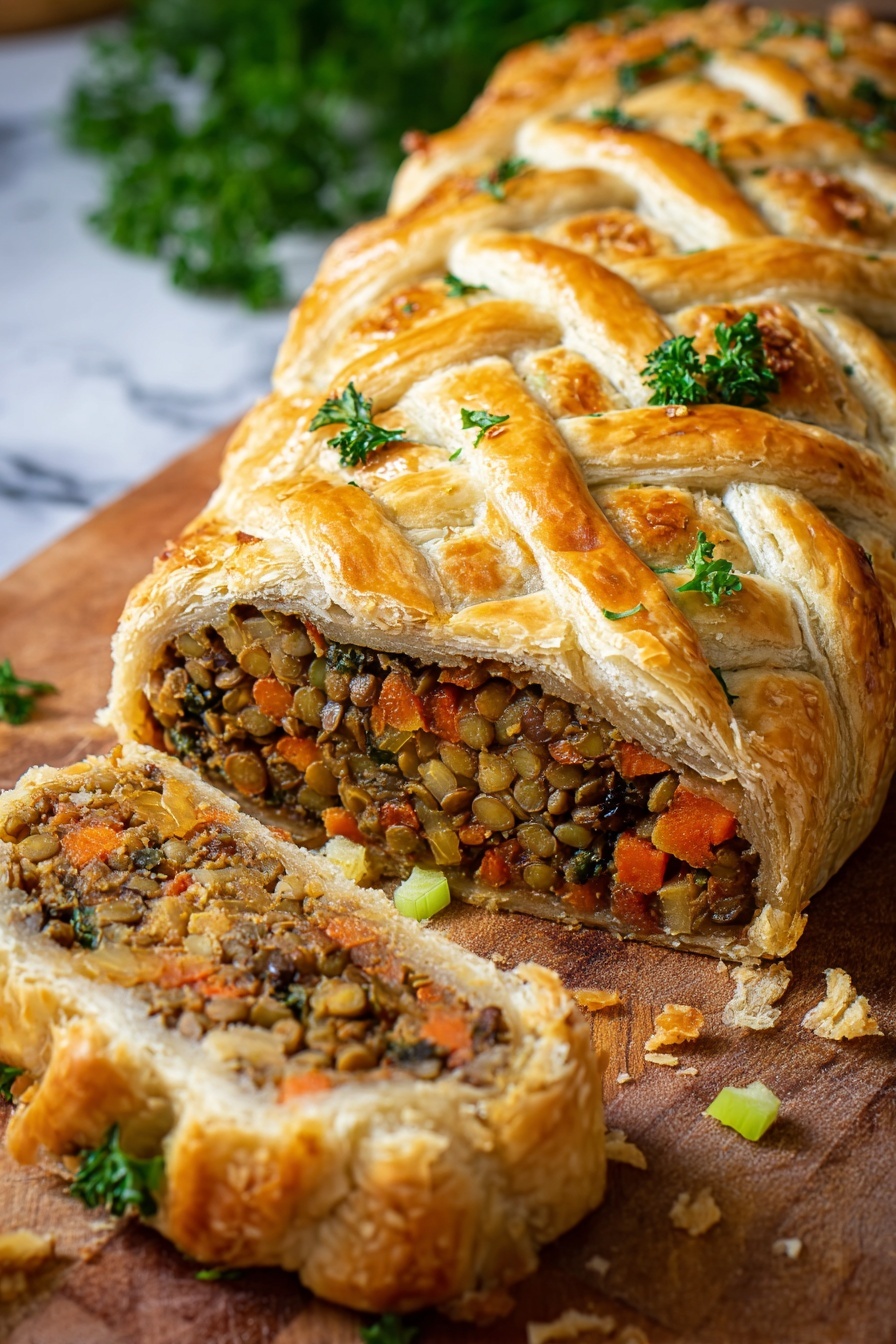 The image shows a golden brown pastry with a crisscross pattern on top, filled with a rich mixture of lentils, diced carrots, celery, and leafy greens. The pastry is baked to a flaky, crisp texture with crumbs scattered around. A slice of the pastry is cut and laid in the foreground on a wooden board, revealing the layered filling inside, which has earthy tones of brown, orange, and green. A woman's hand holding a fork is lifting a bite from the slice. Some small pieces of celery and carrots are scattered on the wooden board, and the background shows a soft cloth with greens blurred behind. The photo taken with an iphone --ar 2:3 --v 7 - Vegan Lentil Wellington, vegan main dish, plant-based Wellington, vegan dinner ideas, vegetarian holiday main course