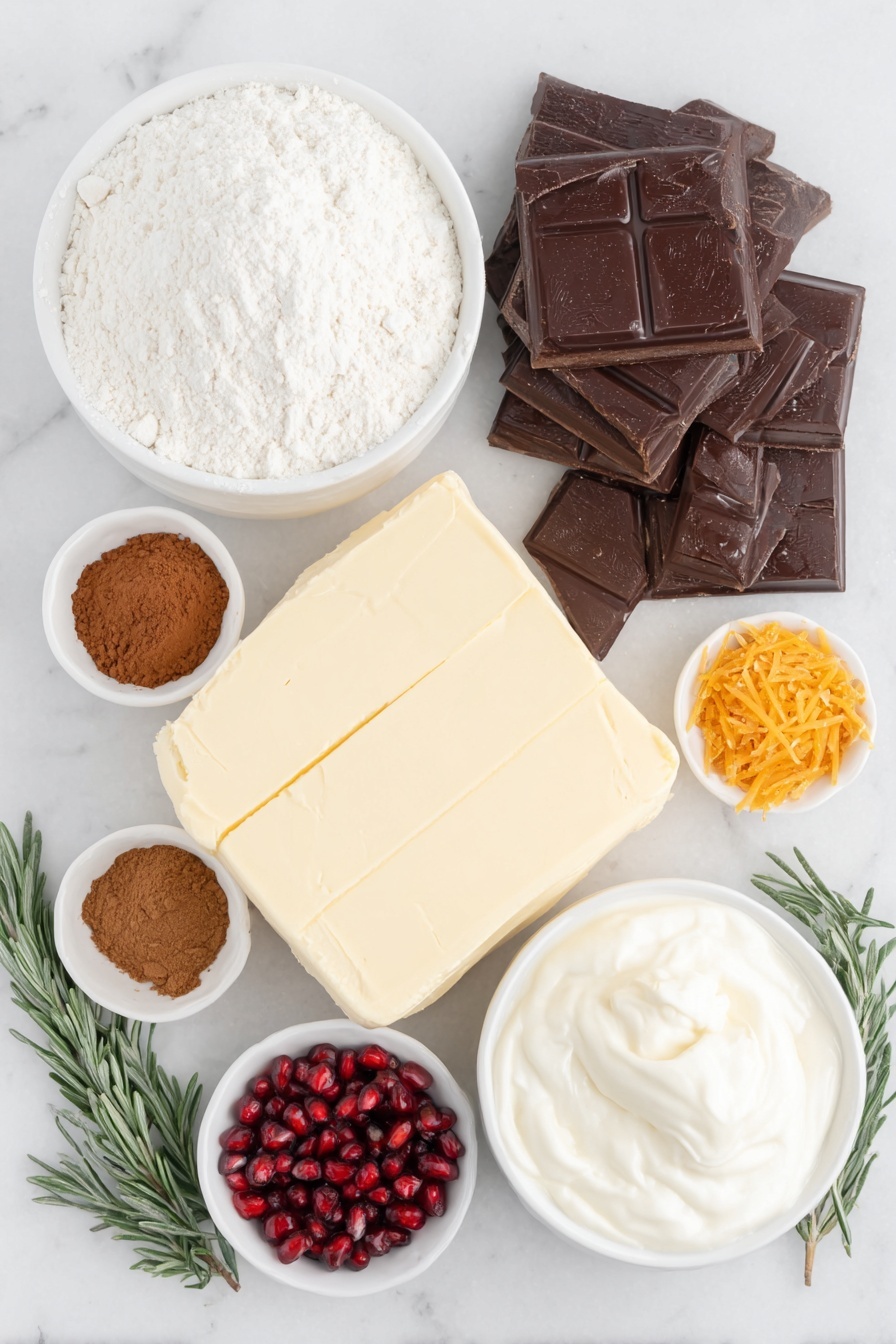 Flat lay of plain flour in a small mound, a block of vegan butter with a smooth creamy texture, a small white ceramic bowl filled with thick dark molasses, a small white bowl holding ground ginger powder, a small white bowl with ground cinnamon, a small white bowl containing allspice powder, a small white bowl with ground nutmeg, a tiny pile of coarse sea salt crystals, a few strands of bright orange zest, chunks of dark chocolate neatly arranged, a small white bowl filled with thick coconut cream, a small white bowl of pure maple syrup, a small white bowl with fresh pomegranate seeds, a small sprig of fresh rosemary, placed on a clean white marble surface, soft natural light, photo taken with an iPhone, professional food photography style, fresh ingredients, white ceramic bowls, no bottles, no duplicates, no utensils, no packaging --ar 2:3 --v 7 --p m7354615311229779997 - Vegan Gingerbread Chocolate Tart, vegan holiday dessert, plant-based gingerbread tart, vegan Christmas dessert, chocolate gingerbread tart