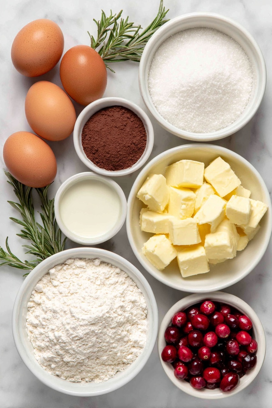 Flat lay of large whole brown eggs with smooth clean shells, a small white ceramic bowl of granulated sugar, a small white ceramic bowl of all-purpose flour, a small white ceramic bowl of cocoa powder, a small white ceramic bowl of baking powder, a small white ceramic bowl of salt, a small white ceramic bowl of vanilla extract, a small white ceramic bowl of heavy cream, a small white ceramic bowl of powdered sugar, a small white ceramic bowl of unsalted butter chunks, a small white ceramic bowl of milk or cream, fresh bright red cranberries, delicate edible meringue mushrooms, fresh green sprigs of rosemary, all arranged symmetrically with realistic proportions on a clean white marble surface, soft natural light, photo taken with an iPhone, professional food photography style, fresh ingredients, white ceramic bowls, no bottles, no duplicates, no utensils, no packaging --ar 2:3 --v 7 --p m7354615311229779997 - Festive Chocolate Yule Log, chocolate yule log recipe, holiday dessert ideas, Christmas yule log, easy festive cake