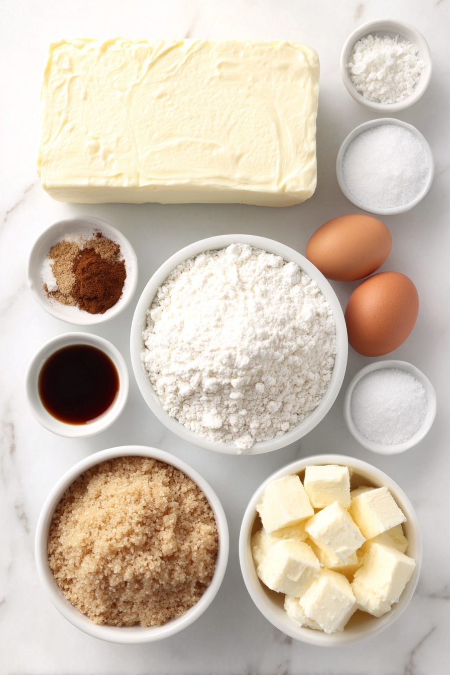 Flat lay of a small block of cold cream cheese, a small white ceramic bowl filled with granulated white sugar, a small white ceramic bowl containing ground ginger, ground cinnamon, ground allspice, ground nutmeg, and ground cloves mixed together, a mound of all-purpose flour, a small white ceramic bowl with baking soda and salt beside it, a chunk of softened unsalted butter, a heap of packed light brown sugar, two whole uncracked brown egg yolks, a small white ceramic bowl of dark unsulphured molasses, and a small white ceramic bowl with clear vanilla extract, arranged symmetrically on a clean white marble surface, soft natural light, photo taken with an iPhone, professional food photography style, fresh ingredients, white ceramic bowls, no bottles, no duplicates, no utensils, no packaging --ar 2:3 --v 7 --p m7354615311229779997 - Gingerbread Cheesecake Cookies, gingerbread cookies with cream cheese, holiday cheesecake cookies, spicy gingerbread treats, easy festive cookie recipes