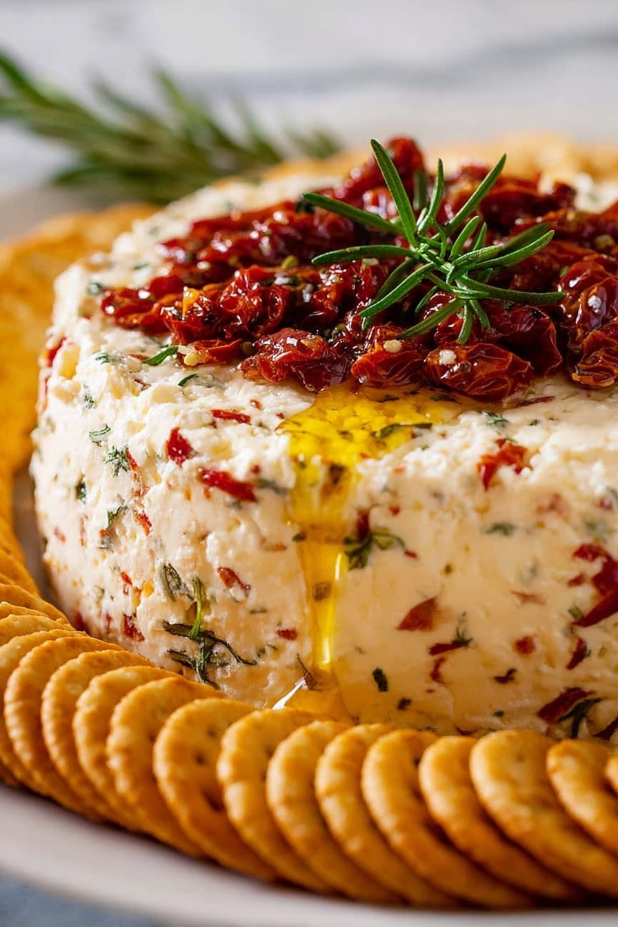The image shows a thick, round layer of creamy cheese mixed with bits of herbs and red peppers. On top, there is a layer of oily, glossy sun-dried tomatoes garnished with fresh rosemary sprigs. A golden stream of oil is dripping down the side from the top layer onto the cheese. Around the cheese, there is a ring of round, golden, crispy crackers arranged in a curved line. The dish is set on a white plate, placed on a white marbled surface. photo taken with an iphone --ar 2:3 --v 7 - Italian Cheese Loaf Appetizer, cheese loaf appetizer, savory cheese appetizer, cheese and salami loaf, easy party appetizer