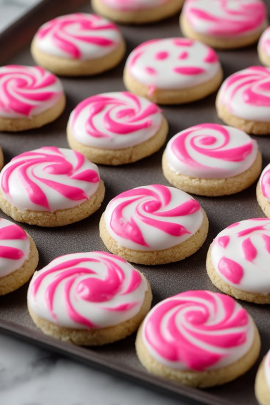 The image shows many round cookies with white and pink swirl patterns on top, resembling peppermint candies. Each cookie is wrapped in clear plastic, twisted at both sides, and tied with red and white striped string, making them look like candies. The cookies are placed on a smooth, plain green background. The swirl patterns on the cookie tops vary between solid pink curved shapes and thin pink spirals, all on a smooth white icing base. photo taken with an iphone --ar 2:3 --v 7 - Peppermint Candy Sugar Cookies, festive holiday cookies, peppermint sugar cookies recipe, Christmas cookie recipes, easy holiday treats