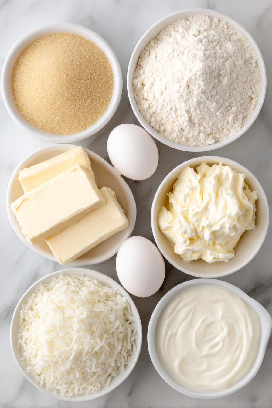 Flat lay of a small pile of golden granulated sugar, a few bright white whole eggs with clean shells, a small mound of finely ground almond flour, a neat heap of pure white powdered sugar, a small white ceramic bowl with glossy black royal icing, a smaller white bowl with thick yellow royal icing, a half cup of soft unsalted butter, a small white bowl with creamy pale vanilla extract, a small white bowl filled with shredded desiccated coconut, and a small white bowl containing smooth milk or heavy cream, all arranged in perfect symmetry on a clean white marble surface, soft natural light, photo taken with an iPhone, professional food photography style, fresh ingredients, white ceramic bowls, no bottles, no duplicates, no utensils, no packaging --ar 2:3 --v 7 --p m7354615311229779997 - Santa Claus Macarons, festive holiday macarons, Christmas macarons, holiday baking treats, Santa themed macarons