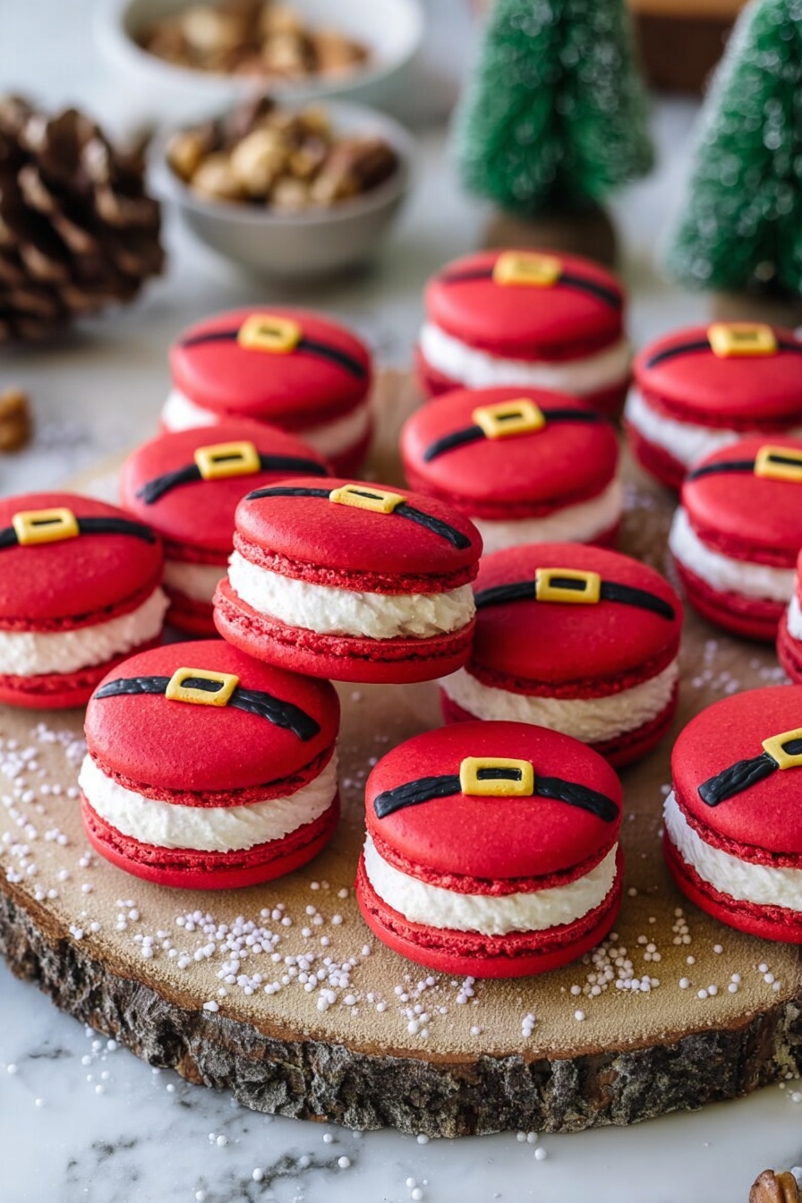 A group of round red macarons looks like Santa's suit, with a smooth bright red top and bottom, and a white creamy filling in the middle, creating two layers of red and one thick white layer between them. Each macaron is decorated with a thin black line across the top and a small square yellow buckle shape on the black line, making them look like Santa belts. They are stacked and spread on a round wooden slice with a bark edge, placed on a white marbled surface with small white sugar sprinkles scattered around. In the background, there are small green pine trees and a bowl with pine cones and nuts, adding a cozy holiday feel. photo taken with an iphone --ar 2:3 --v 7 - Santa Claus Macarons, festive holiday macarons, Christmas macarons, holiday baking treats, Santa themed macarons