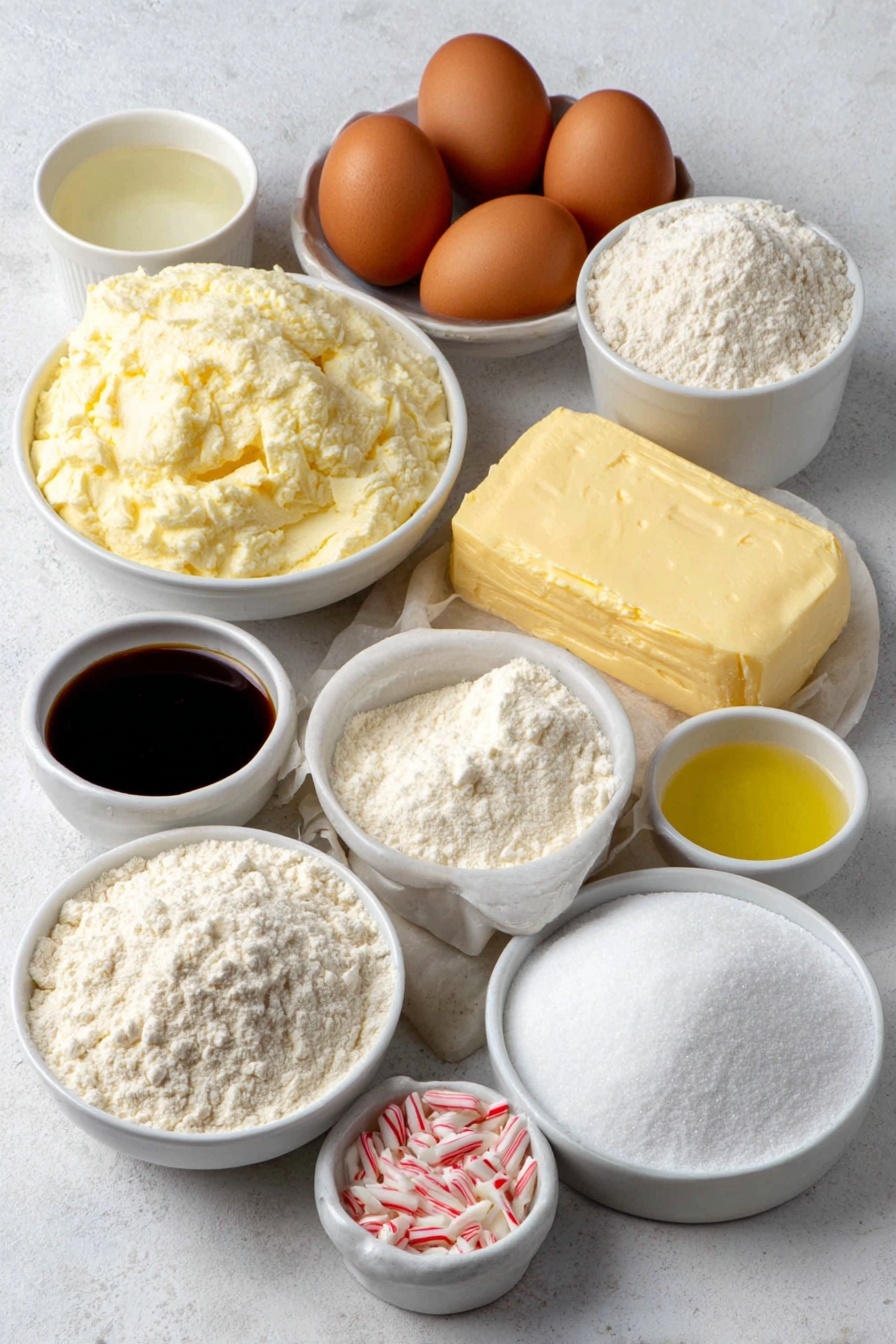 Flat lay of a small mound of white granulated sugar, a slab of softened pale yellow butter, two whole brown eggs with clean shells, a small white bowl of clear vanilla extract, a small white bowl of clear almond extract, a bright orange with a section of fresh orange zest, a generous heap of plain white flour, a small white bowl with white meringue powder, a small white bowl of water, a small white bowl with fresh lemon juice, a large pile of sifted powdered sugar, small white bowls with red, green, gold, and white gel food coloring, and a small white bowl with crushed red and white candy canes, all arranged symmetrically and balanced on a simple white ceramic surface, placed on a clean white marble surface, soft natural light, photo taken with an iPhone, professional food photography style, fresh ingredients, white ceramic bowls, no bottles, no duplicates, no utensils, no packaging --ar 2:3 --v 7 --p m7354615311229779997 - Twisted Christmas Cookies with Festive Icing, holiday cookie recipes, festive Christmas treats, easy holiday cookies, colorful icing cookies