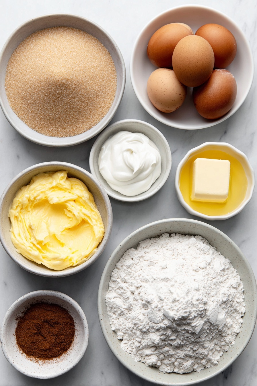 Flat lay of a small white ceramic bowl of soft light brown sugar, a few whole uncracked brown eggs, a small white ceramic bowl of golden dairy-free butter, a small white ceramic bowl of vanilla paste, a small white ceramic bowl of ground cinnamon, a neat mound of plain flour on a white ceramic plate, a small white ceramic bowl of icing sugar, a small white ceramic bowl with extra ground cinnamon sprinkled beside it, all arranged symmetrically and balanced placed on a clean white marble surface, soft natural light, photo taken with an iPhone, professional food photography style, fresh ingredients, white ceramic bowls, no bottles, no duplicates, no utensils, no packaging --ar 2:3 --v 7 --p m7354615311229779997 - Vegan Cinnamon Snowflake Cookies, vegan holiday cookies, cinnamon cookies recipe, vegan Christmas treats, easy vegan cookies