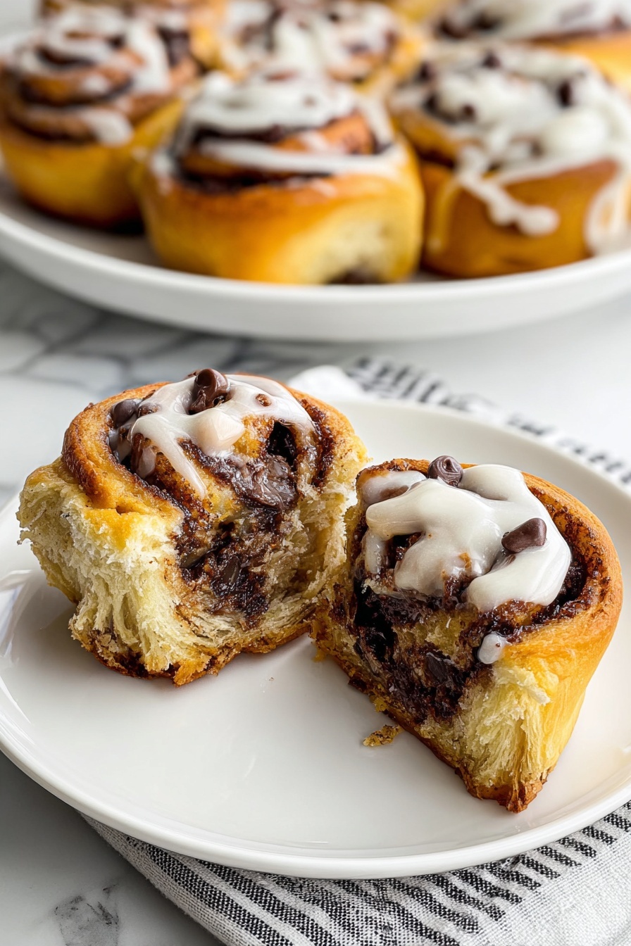 The image shows a close-up of two cinnamon rolls on a white plate with one roll cut in half showing its inside with visible layers. The rolls have multiple layers of golden brown dough with dark brown cinnamon filling swirled inside. They are topped with white icing that is drizzled over them and small chocolate chips scattered on the icing. In the background, there is a white plate holding more cinnamon rolls that are perfectly formed with the same layers and toppings. The setting is on a white marbled surface with a striped cloth under the plates. photo taken with an iphone --ar 2:3 --v 7 - Chocolate Croissant Cinnamon Rolls, croissant cinnamon rolls with chocolate, easy chocolate cinnamon rolls, flaky cinnamon roll recipe, brunch dessert ideas