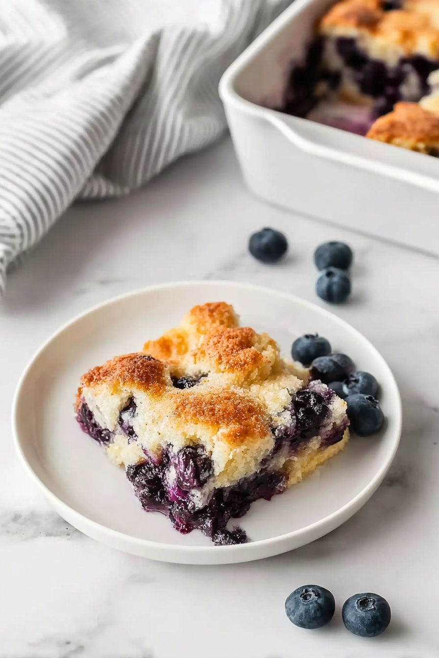 The image shows a white plate with a square piece of blueberry cobbler that has a golden brown, slightly crispy top layer with visible baked blueberries scattered throughout. The cobbler has a soft, light texture with a mix of pale yellow dough and deep purple blueberry filling peeking through. The plate sits on a white marbled surface with several fresh blueberries scattered around it. In the upper right corner, a white baking dish holds the remaining cobbler with a similar golden brown top layer and juicy blueberry filling visible on the edges. A light grey and white striped cloth is draped in the upper left corner. photo taken with an iphone --ar 2:3 --v 7 - Blueberry French Toast Casserole, Blueberry French Toast Bake, Blueberry Breakfast Casserole, Easy Blueberry French Toast, Blueberry Brunch Recipe