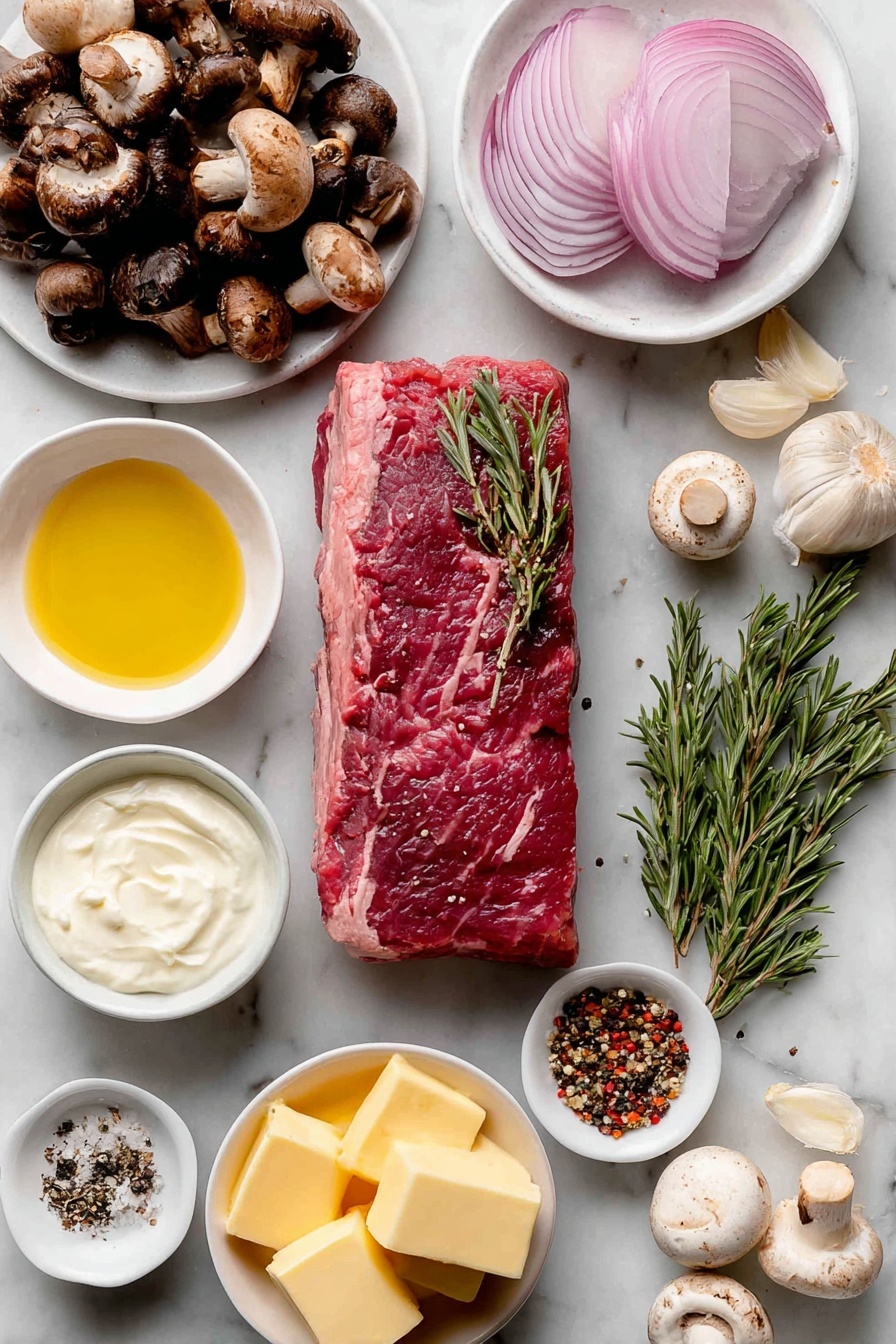 Flat lay of a raw beef tenderloin steak with a deep red color and marbling, fresh sprigs of green rosemary, three peeled garlic cloves, a small white bowl of golden extra virgin olive oil, a few thinly sliced pale purple shallots arranged neatly on a white ceramic plate, an assortment of fresh wild mushrooms torn into pieces showcasing various earthy tones, a small white bowl of smooth pale yellow salted butter, a small white bowl with creamy white heavy cream, a small white bowl filled with grated pale off-white parmesan cheese, a small white bowl containing dry white wine with a slight golden tint, and small piles of coarse kosher salt, freshly ground black pepper, and crushed red pepper flakes—all placed on a clean white marble surface, soft natural light, photo taken with an iPhone, professional food photography style, fresh ingredients, white ceramic bowls, no bottles, no duplicates, no utensils, no packaging --ar 2:3 --v 7 --p m7354615311229779997 - Rosemary Beef Tenderloin with Mushroom Cream Sauce, elegant beef tenderloin recipe, mushroom cream sauce recipe, holiday beef recipes, gourmet beef dishes