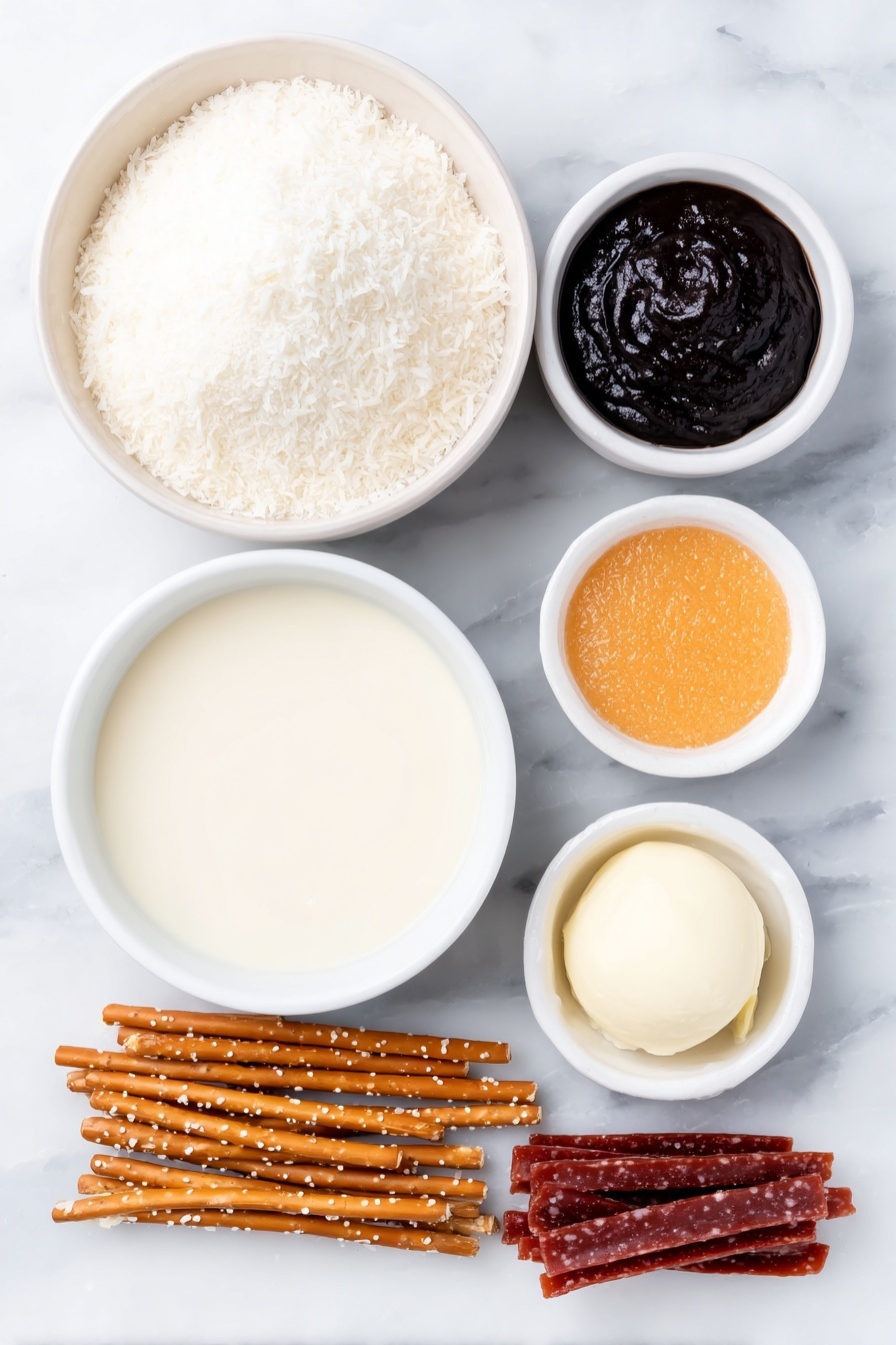Flat lay of a large simple white ceramic bowl filled with fine shredded coconut, a small white ceramic bowl holding smooth dairy-free sweetened condensed milk, a small white ceramic bowl with melted vegan white chocolate, a small white ceramic bowl with glossy black icing, a small white ceramic bowl with bright orange icing, a neat bundle of thin golden pretzel sticks about 2 inches long, and a small pile of red candy straps each about 5 inches long, all arranged symmetrically and balanced, placed on a clean white marble surface, soft natural light, photo taken with an iPhone, professional food photography style, fresh ingredients, white ceramic bowls, no bottles, no duplicates, no utensils, no packaging --ar 2:3 --v 7 --p m7354615311229779997 - Vegan Coconut Snowman Truffles Cute Holiday Treat Plant-Based Festive Dessert