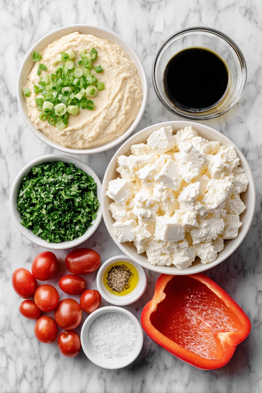 Flat lay of a small white ceramic bowl of smooth plain hummus, a small white ceramic bowl filled with crumbled reduced-fat feta cheese, a small white ceramic bowl with thinly sliced fresh green onions, a small white ceramic bowl heaped with chopped Italian flat-leaf parsley, a small white ceramic bowl holding clear extra virgin olive oil, a small white ceramic bowl with kosher salt, a cluster of halved glossy red cherry tomatoes, and a broad, flat side of a large bright red bell pepper slice placed flat, all arranged in perfect symmetry on a clean white marble surface, soft natural light, photo taken with an iPhone, professional food photography style, fresh ingredients, white ceramic bowls, no bottles, no duplicates, no utensils, no packaging --ar 2:3 --v 7 --p m7354615311229779997 - Christmas Hummus Wreath Appetizer, festive holiday appetizer, easy Christmas party platter, edible holiday wreath, Christmas appetizer ideas