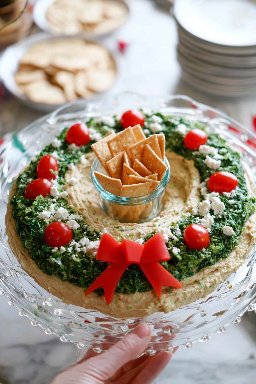 The image shows a circular ring of creamy beige hummus spread on a clear glass plate with a textured edge. The hummus forms the base layer with a hollow center, shaped like a wreath. On top of this, there is a layer of finely chopped dark green parsley arranged in a circular band, leaving the middle and outer edges of the hummus visible. Bright red cherry tomatoes are placed evenly around the wreath among the parsley. Small white crumbles of feta cheese are scattered over the parsley and tomatoes, adding texture and contrast. At the bottom of the wreath, there is a bow shape made from a smooth, vibrant red vegetable slice that stands out against the green and beige colors. In the background on a white marbled surface, there are beige pita chips scattered and some in a clear bowl. Photo taken with an iphone --ar 2:3 --v 7 - Christmas Hummus Wreath Appetizer, festive holiday appetizer, easy Christmas party platter, edible holiday wreath, Christmas appetizer ideas