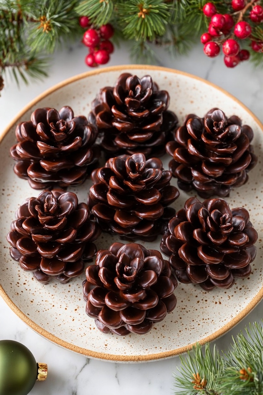 Seven chocolate treats shaped like pine cones are arranged on a white plate with brown speckles. Each pine cone has many small, curved layers that resemble pine cone scales, with a shiny dark brown color and a slightly lighter brown edge on each layer. The plate rests on a white marbled surface, and holiday decorations such as green pine branches, red berries, and a green ornament surround the plate. The scene is bright and festive, giving a cozy feeling. photo taken with an iphone --ar 2:3 --v 7 - Viral Chocolate Pine Cone Brownies, chocolate pine cone brownies, festive brownie desserts, easy pine cone brownies, creative chocolate treats