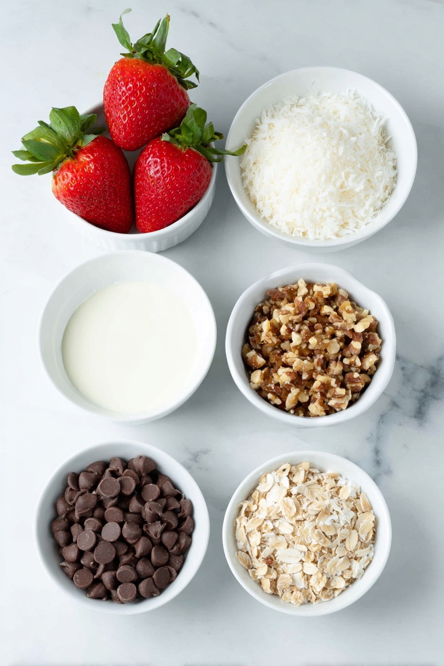 Flat lay of fresh strawberries with stems attached, a handful of smooth bittersweet chocolate baking chips in a small white ceramic bowl, another small white bowl filled with shredded coconut flakes, a small white bowl of crushed nuts, all arranged in perfect symmetry and balanced proportions, placed on a clean white marble surface, soft natural light, photo taken with an iPhone, professional food photography style, fresh ingredients, white ceramic bowls, no bottles, no duplicates, no utensils, no packaging --ar 2:3 --v 7 --p m7354615311229779997 - Chocolate Covered Strawberries for Christmas, Christmas strawberry treats, festive chocolate strawberries, holiday berry desserts, easy Christmas desserts