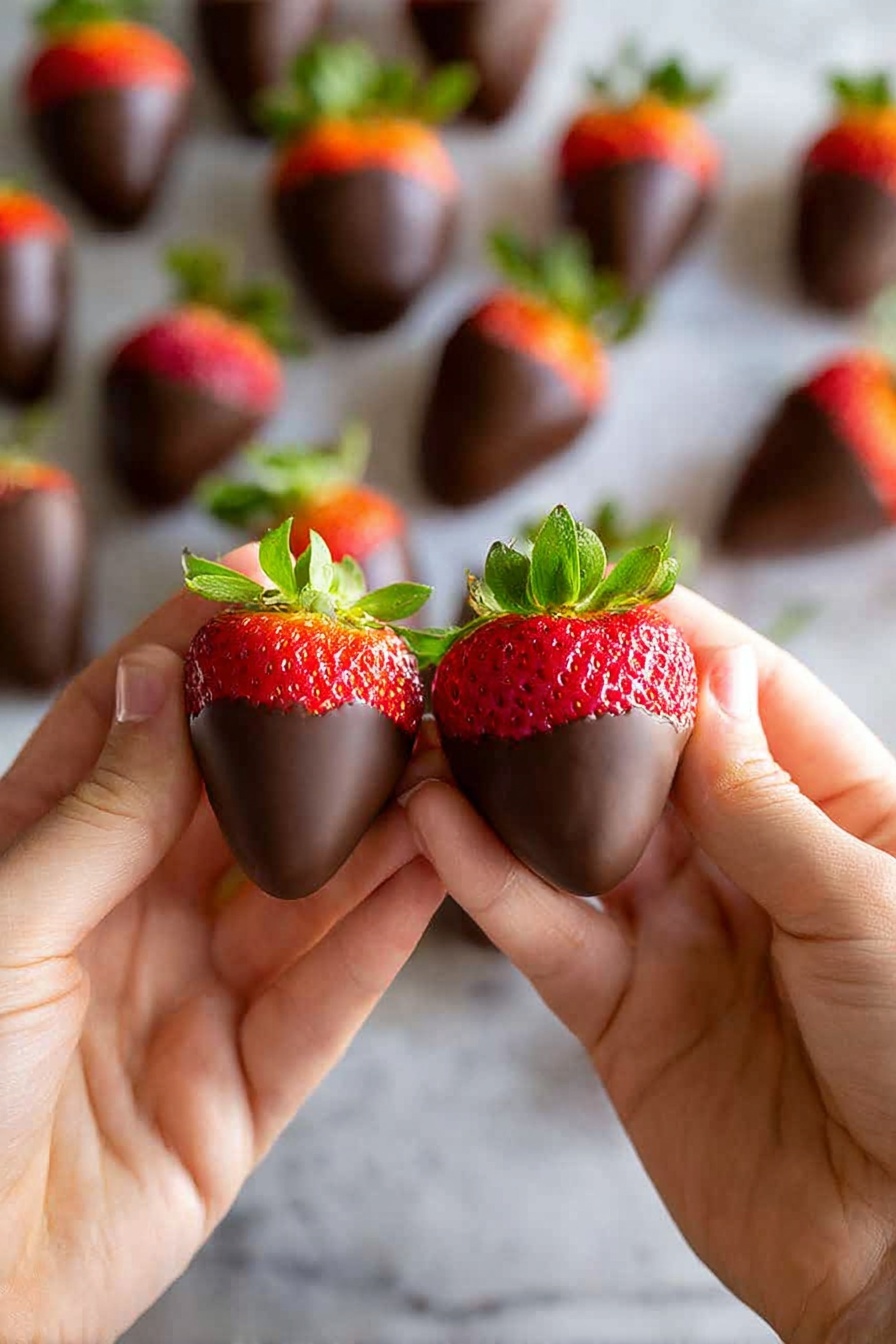 A pair of woman's hands hold two large strawberries that are half dipped in smooth, dark chocolate, showing bright red tops with green leaves while the chocolate covers the lower half with a shiny texture. In the blurred background, many more chocolate-covered strawberries are scattered on a white marbled surface, each with the same glossy dark chocolate layer and vibrant red upper part with green leaves visible. The focus is on the strawberries in the woman's hands, highlighting the contrast between the rich chocolate and the fresh fruit. photo taken with an iphone --ar 2:3 --v 7 - Chocolate Covered Strawberries for Christmas, Christmas strawberry treats, festive chocolate strawberries, holiday berry desserts, easy Christmas desserts