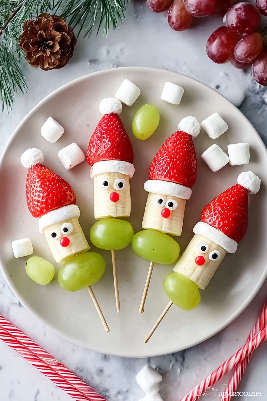 This image shows a white round plate holding seven festive fruit skewers designed to look like Santa Claus faces. Each skewer has three layers: at the bottom is a green grape, followed by a middle section with a half banana piece decorated with two small black and white candy eyes and one red candy nose on some skewers, and topped with a red strawberry hat. Between the strawberry and the grape or banana, there is a small white banana slice acting as Santa's hat brim. On top of the strawberry sits a small white marshmallow as the hat's pompom. The plate rests on a dark wooden surface with Christmas decorations around, including pine cones, red ribbons, candy canes, and scattered mini marshmallows. The photo taken with an iphone --ar 2:3 --v 7 - Festive Fruit Kabobs, Strawberry and Grape Fruit Kabobs, Holiday Fruit Skewers, Healthy Party Snacks, Colorful Fruit Appetizer