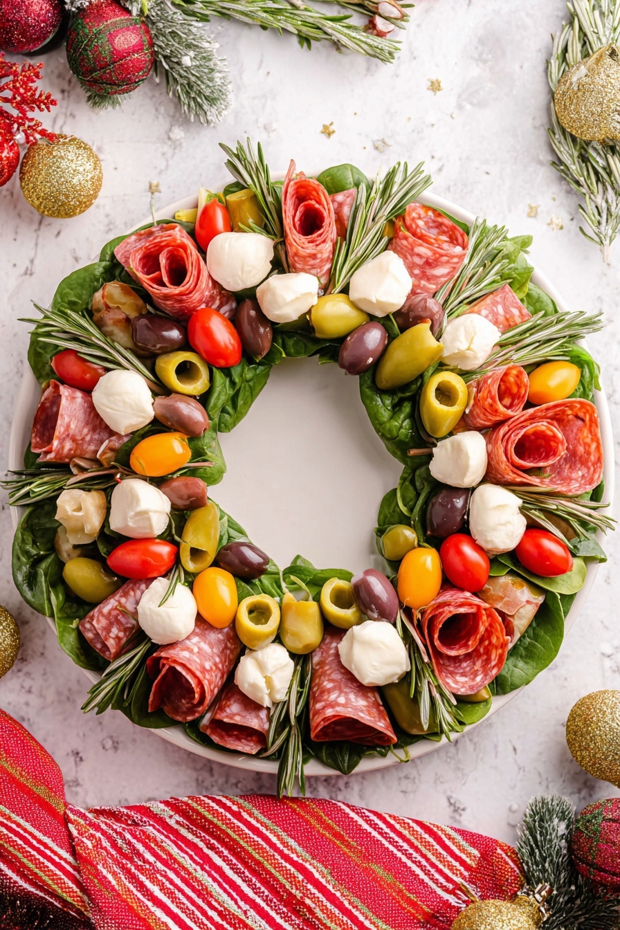 A white round plate holds a festive wreath made of several layers arranged in a circle. The base layer has green spinach leaves and rosemary sprigs sticking out evenly all around. On top, there are small white mozzarella balls, red cherry tomatoes, yellow pepperoncini, and light-colored artichoke hearts scattered evenly. Rolled slices of red salami and pepperoni form small cones or curls, placed regularly around the wreath. Green and black olives are tucked between the other ingredients. The whole arrangement sits on a white marbled surface with some holiday decorations and a red striped cloth nearby. photo taken with an iphone --ar 2:3 --v 7 - Antipasto Wreath with Mozzarella and Olives, antipasto appetizer ideas, festive appetizer recipes, easy party starters, savory skewered antipasto