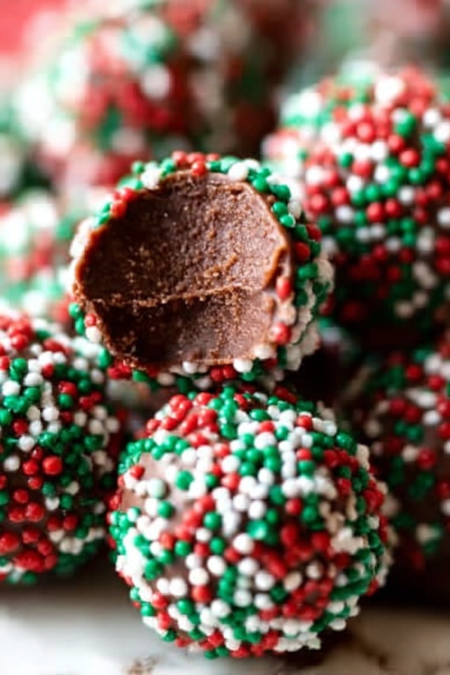A close-up image features several round chocolate balls covered in small red, green, and white candy sprinkles arranged together on a white marbled surface. The front chocolate ball has a single bite taken out, showing a smooth and dense dark brown chocolate inside with a slightly textured surface from the bite mark. The colorful sprinkles have a matte, slightly rough texture contrasting with the glossy chocolate beneath. The background is softly blurred, focusing mainly on the detailed textures and colors of the chocolate balls. photo taken with an iphone --ar 2:3 --v 7 - Chocolate Truffle Recipe with Sprinkles, festive chocolate truffles, easy holiday desserts, no-bake chocolate truffles, colorful sprinkles treats