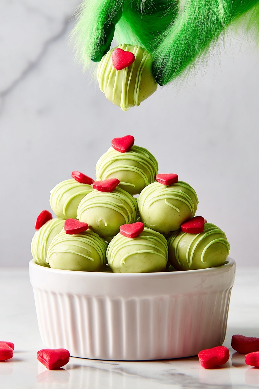 A pile of green round sweets covered with light green icing drizzles and each topped with a small red heart-shaped candy, stacked in a white, fluted-edged bowl sitting on a white marbled surface. Above the bowl, a green furry hand is holding one of the sweets, showing the front decorated side. A few small red heart-shaped candies are scattered on the surface near the bowl. The background is plain with a white marbled texture. photo taken with an iphone --ar 2:3 --v 7 - Grinchy Christmas Cookie Balls, Christmas cookie balls, holiday cookie treats, festive no-bake cookies, green holiday dessert