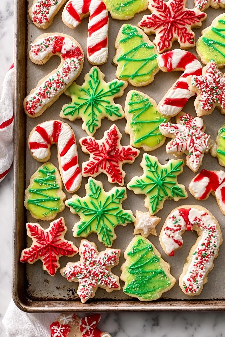 The image shows a tray full of colorful Christmas cookies arranged randomly on a baking sheet placed on a white marbled surface. There are three main shapes: snowflakes, stars, and candy canes, along with green Christmas tree shapes. The snowflake cookies have a white base with red or green icing forming their intricate snowflake patterns. The star-shaped cookies are filled with either green or red icing, each with a zigzag of white icing on top. The candy cane cookies are white with red stripes, and the Christmas tree cookies are green with white or red icing shaped like garlands or decorations. The colors are bright and festive, creating a joyful holiday feeling. photo taken with an iphone --ar 2:3 --v 7 - Vanilla Sugar Cookies, vanilla sugar cookie recipe, easy sugar cookies, buttery vanilla cookies, classic sugar cookies