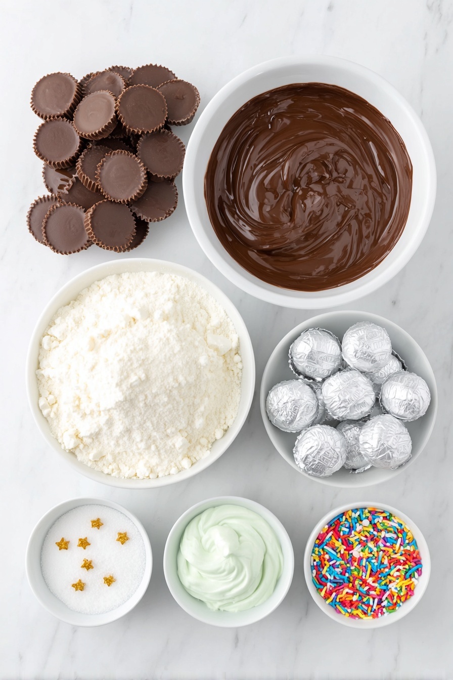 Flat lay of a small white ceramic bowl of glossy melted chocolate, a neat pile of unwrapped mini Reese’s peanut butter cups, a stack of unwrapped regular Reese’s peanut butter cups flipped upside down, a cluster of shiny silver Hershey’s kisses, small white ceramic bowls filled separately with white and green decorating icing, a small white ceramic bowl of mixed colorful sprinkles, a small white ceramic bowl with tiny gold star-shaped decorations, a small mound of fine white confectioners’ sugar dusted lightly nearby, all perfectly arranged symmetrically on a clean white marble surface, soft natural light, photo taken with an iPhone, professional food photography style, fresh ingredients, white ceramic bowls, no bottles, no duplicates, no utensils, no packaging --ar 2:3 --v 7 --p m7354615311229779997 - Reese's Trees, festive holiday treats, chocolate dessert ideas, quick Christmas desserts, easy Reese's treats