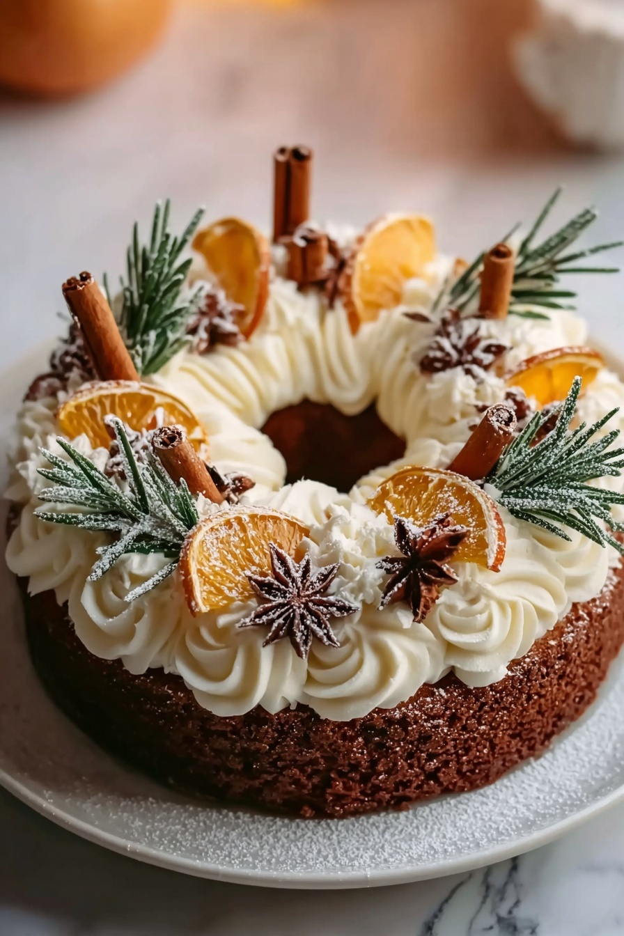 A round wreath-shaped cake sits on a white plate over a white marbled surface. The cake base is dark brown with a textured finish. On top, there is a thick ring of white cream piped in soft swirls covering the entire surface. The cream is decorated with orange slices that are slightly translucent, brown star anise pieces, whole cinnamon sticks, and green rosemary sprigs. A light dusting of powdered sugar is scattered mainly over the spices and rosemary, creating a snowy effect. The background is softly blurred with warm tones. photo taken with an iphone --ar 2:3 --v 7 - Spiced Gingerbread Wreath Cake, gingerbread wreath cake, holiday gingerbread cake, festive gingerbread dessert, Christmas wreath cake
