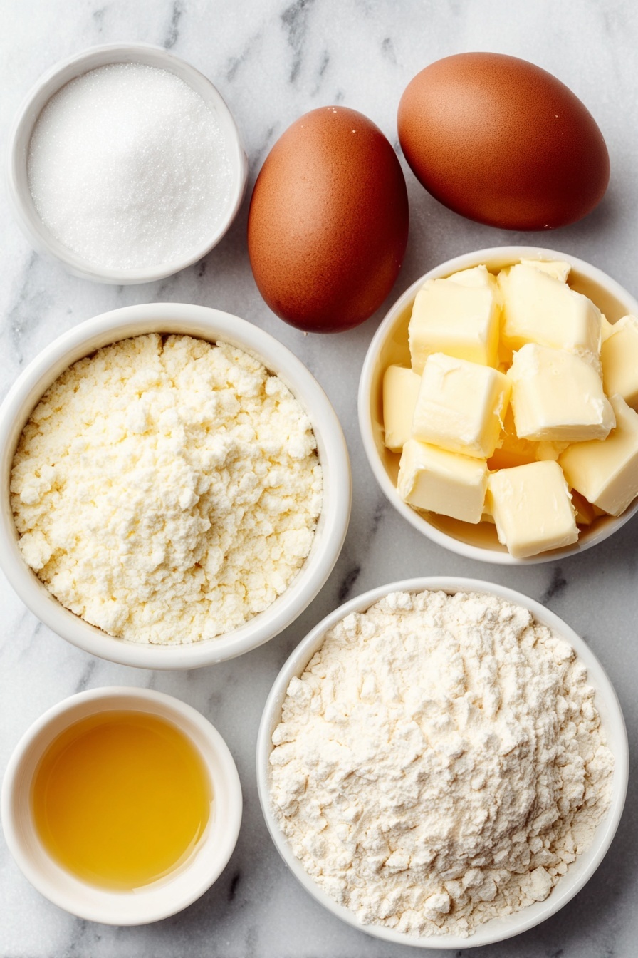 Flat lay of four whole uncracked brown eggs, a small white ceramic bowl filled with fine white powdered sugar, a small white ceramic bowl with pale beige cake flour, a tiny pinch of baking powder displayed as a small heap on white ceramic dish, and a small white ceramic bowl containing light golden vanilla extract liquid, placed on a clean white marble surface, soft natural light, photo taken with an iPhone, professional food photography style, fresh ingredients, white ceramic bowls, no bottles, no duplicates, no utensils, no packaging --ar 2:3 --v 7 --p m7354615311229779997 - Springerle Cookies, Springerle Cookies Recipe, Traditional Springerle Cookies, Anise Springerle Cookies, Embossed Cookie Recipe