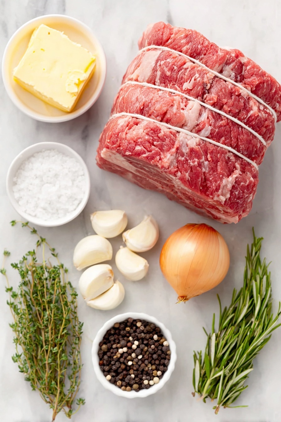 Flat lay of a fresh bone-in prime rib roast tied with kitchen twine, a small white ceramic bowl of softened butter, six peeled garlic cloves arranged neatly, a small white bowl filled with coarse kosher salt, a few sprigs of fresh thyme, a few sprigs of fresh rosemary, a small white bowl of freshly cracked black peppercorns, and a quartered yellow onion, all placed symmetrically on a clean white marble surface, soft natural light, photo taken with an iPhone, professional food photography style, fresh ingredients, white ceramic bowls, no bottles, no duplicates, no utensils, no packaging --ar 2:3 --v 7 --p m7354615311229779997 - Perfect Garlic Herb Prime Rib Roast, garlic herb prime rib, prime rib roast recipe, juicy tender prime rib, holiday prime rib