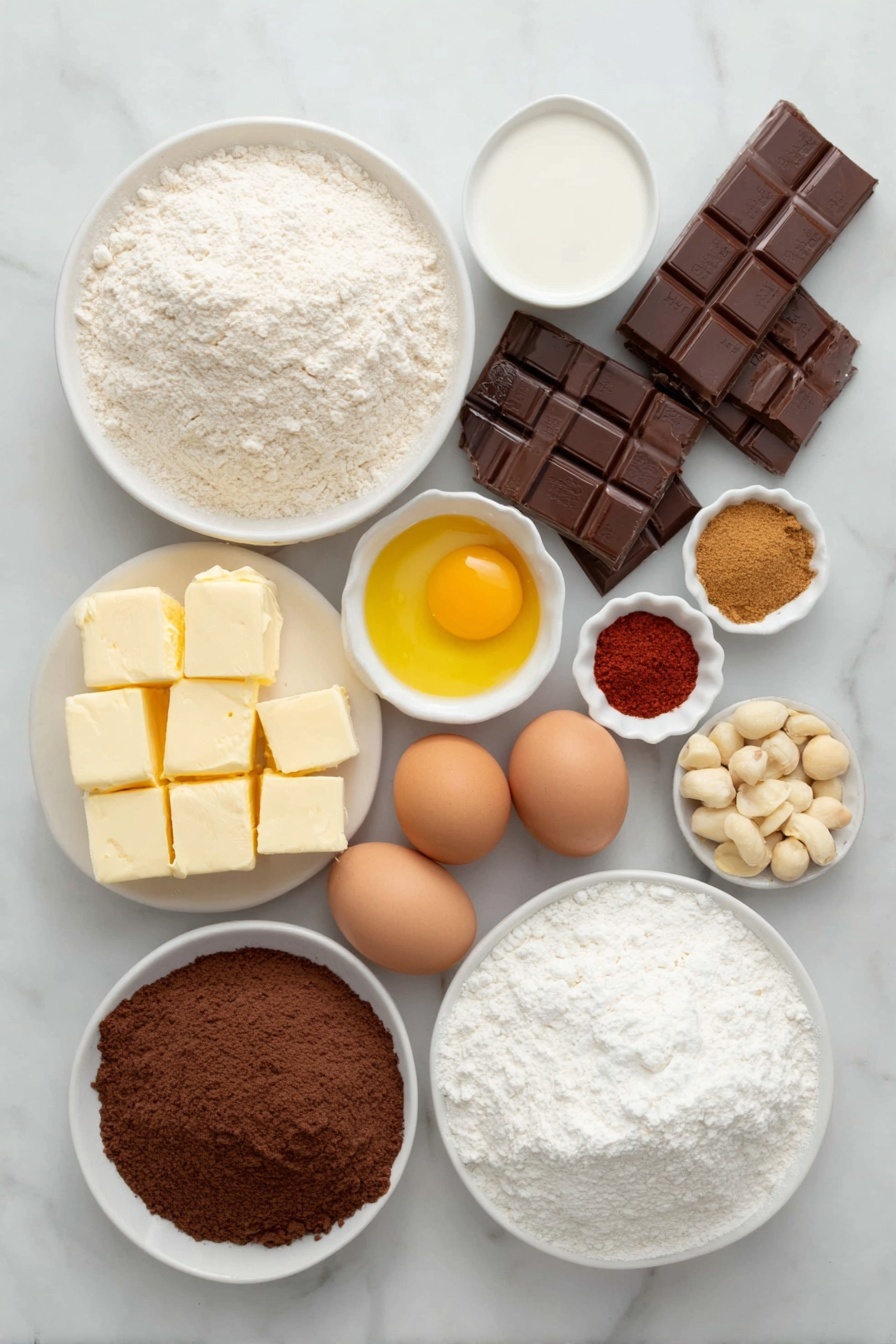 Flat lay of fresh cubed butter, plain white flour in a small white ceramic bowl, four whole uncracked brown eggs, full-fat milk in a small white ceramic bowl, six separate yellow egg yolks in a small white ceramic dish, a small white ceramic bowl of caster sugar, a small white ceramic bowl of cornflour, ground cinnamon and ground nutmeg each as small white ceramic bowls with fine brown and beige powders, a small white ceramic bowl of double cream, broken pieces of milk chocolate with a shiny surface, smooth white chocolate pieces, loose blanched hazelnuts with skins removed, and red food coloring paste in a tiny white ceramic bowl, all arranged in perfect symmetry on a simple white ceramic plate, placed on a clean white marble surface, soft natural light, photo taken with an iPhone, professional food photography style, fresh ingredients, white ceramic bowls, no bottles, no duplicates, no utensils, no packaging --ar 2:3 --v 7 --p m7354615311229779997 - Christmas Choux Wreath, festive dessert, holiday pastry, Christmas dessert ideas, elegant holiday showstopper